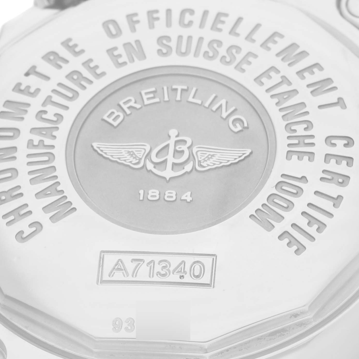 This image shows the back case of the Breitling A71340 Women
s Stainless Steel Mother of Pearl Dial A71340 Women
s Stainless Steel Mother of Pearl Dial Starliner Blue Mother of Pearl Dial Steel Ladies Watch A71340 model.