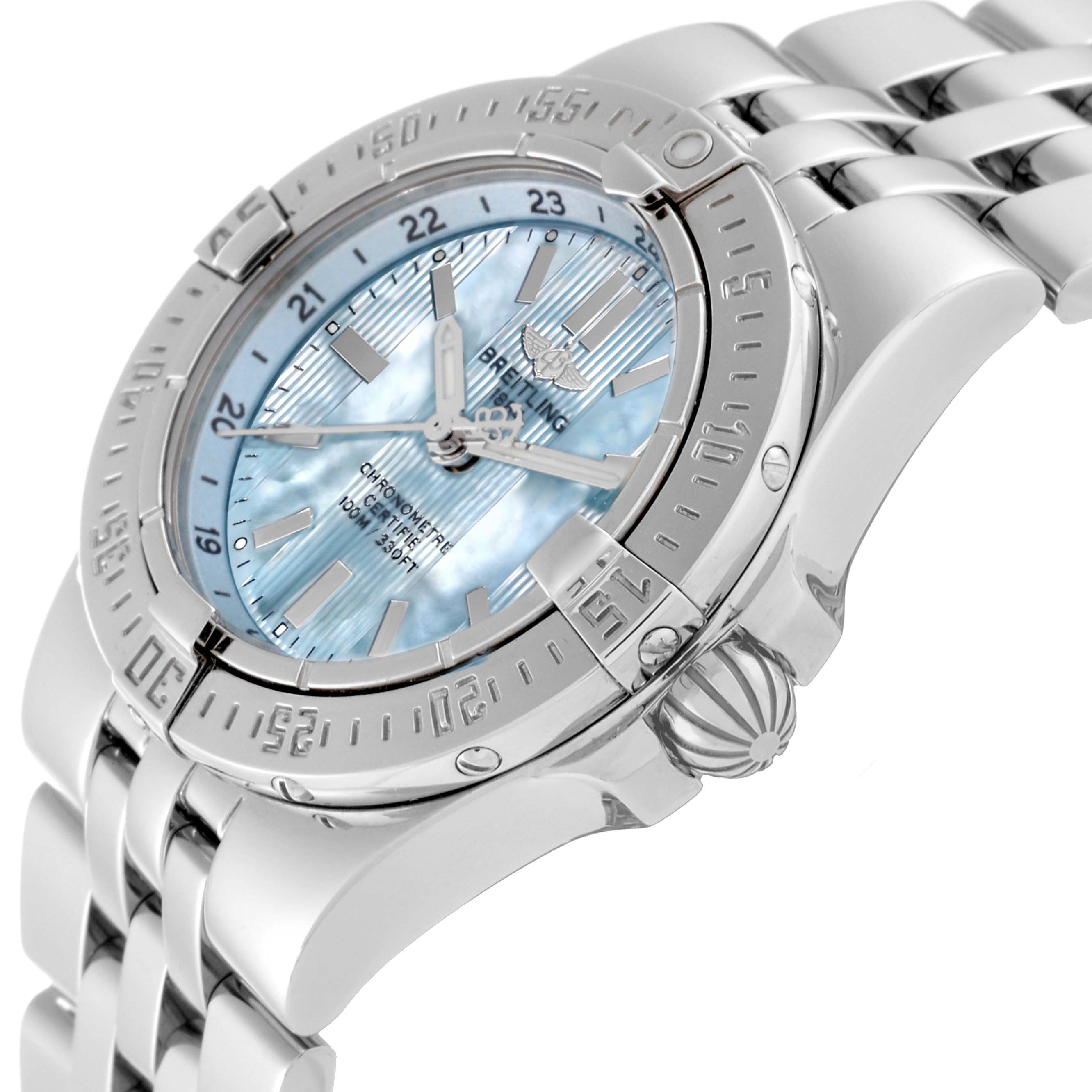 The image shows a close-up view of the Breitling A71340 Women
s Stainless Steel Mother of Pearl Dial A71340 Women
s Stainless Steel Mother of Pearl Dial Starliner Blue Mother of Pearl Dial Steel Ladies Watch A71340, focusing on the dial and bezel.