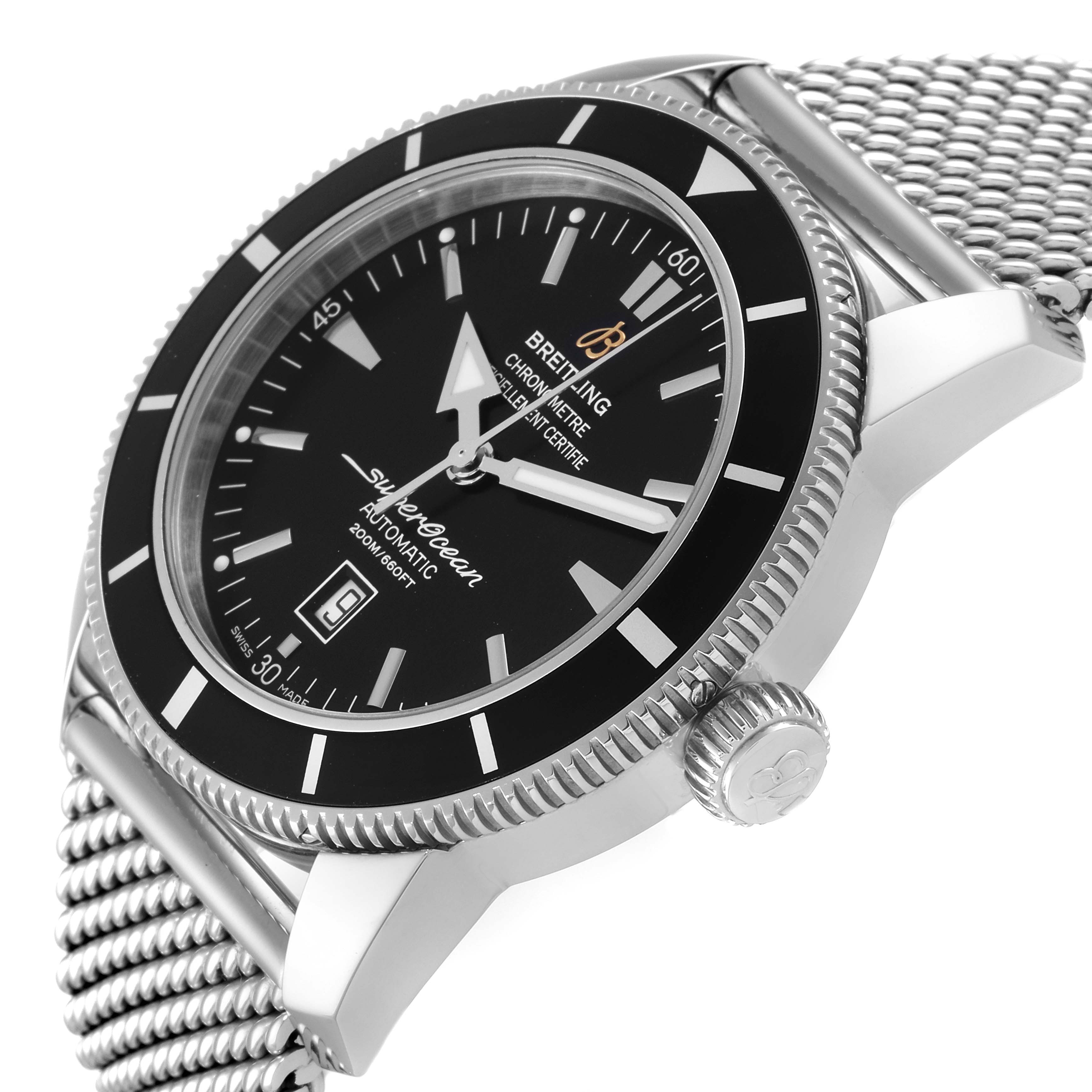 This image shows a side angle of a Breitling Superocean A17320 Men's Stainless Steel Black Dial A17320 Men's Stainless Steel Black Dial watch, highlighting the dial, bezel, and metal strap.