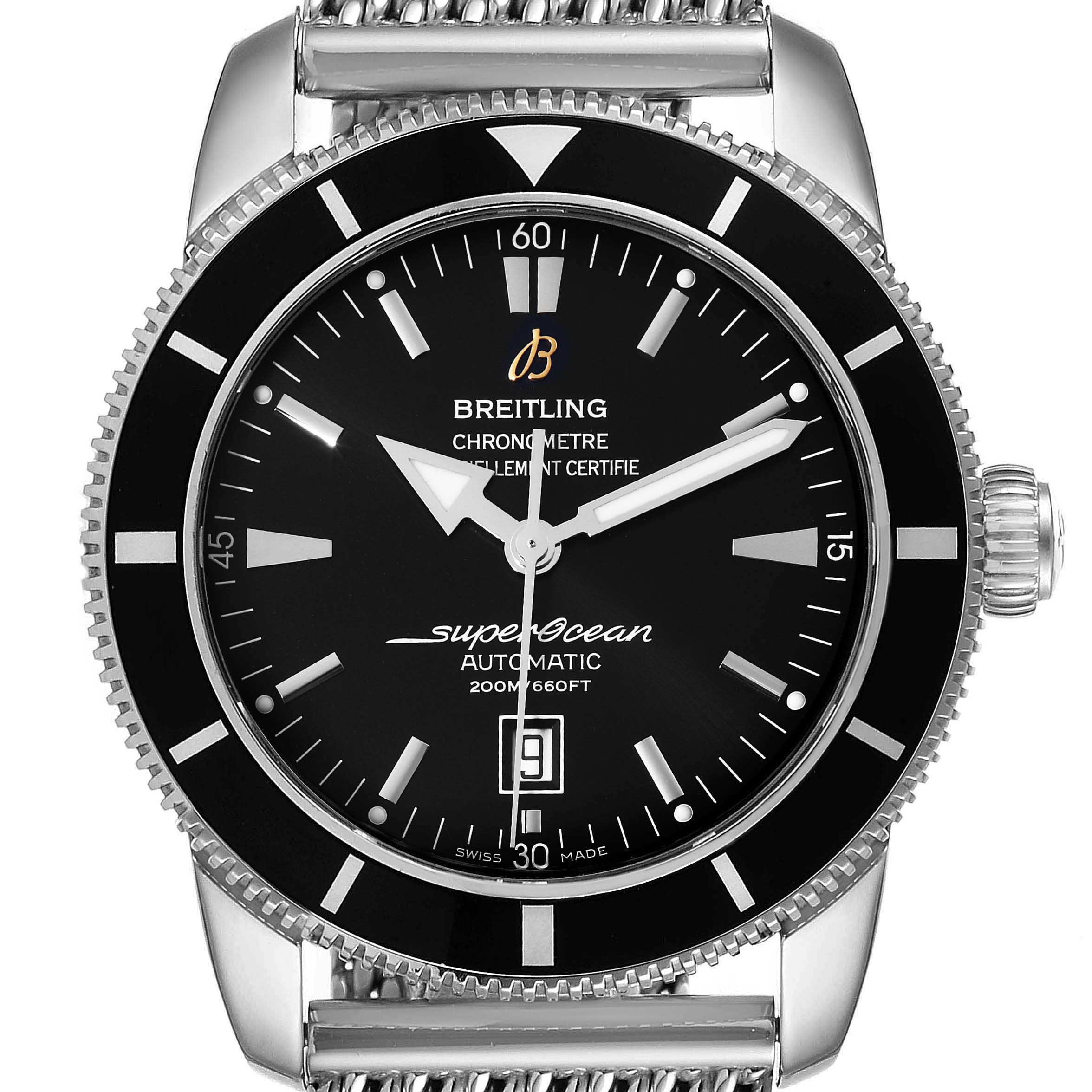 The image shows a front view of the Breitling Superocean A17320 Men's Stainless Steel Black Dial A17320 Men's Stainless Steel Black Dial watch, displaying the dial, bezel, crown, and part of the bracelet.