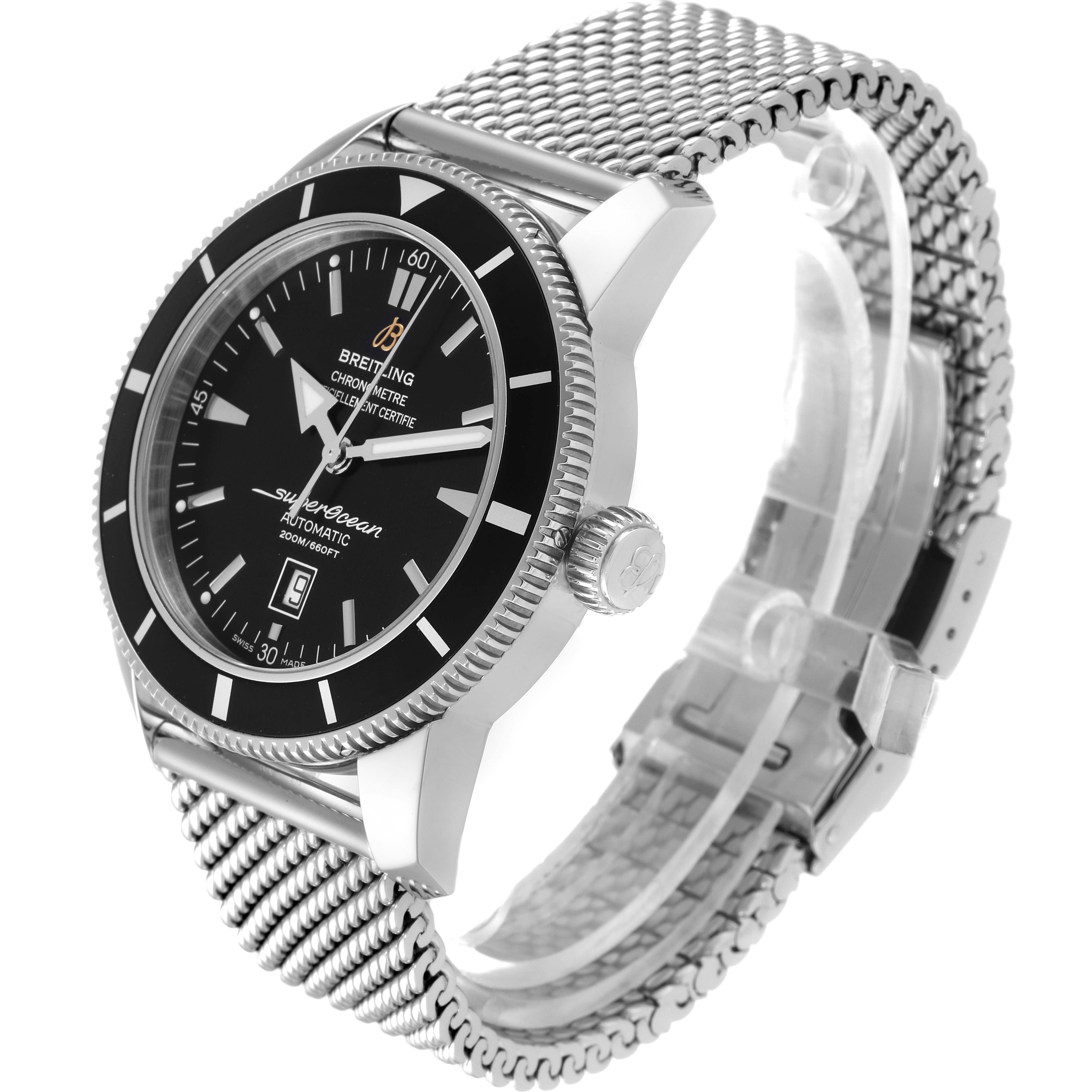 The Breitling Superocean A17320 Men's Stainless Steel Black Dial A17320 Men's Stainless Steel Black Dial watch is shown at a three-quarter angle, displaying its face, crown, and mesh bracelet.