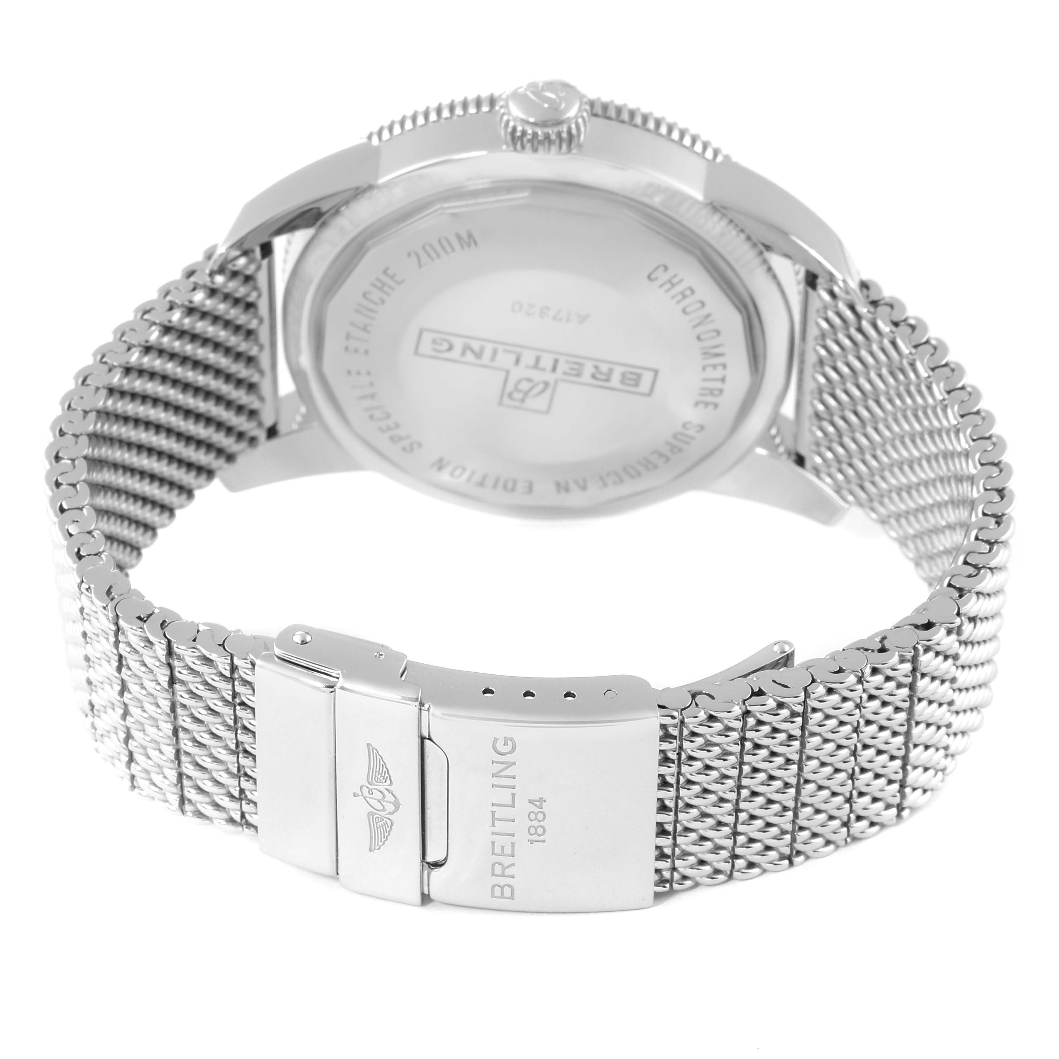 The image shows the back case and mesh bracelet of a Breitling Superocean A17320 Men's Stainless Steel Black Dial A17320 Men's Stainless Steel Black Dial watch.