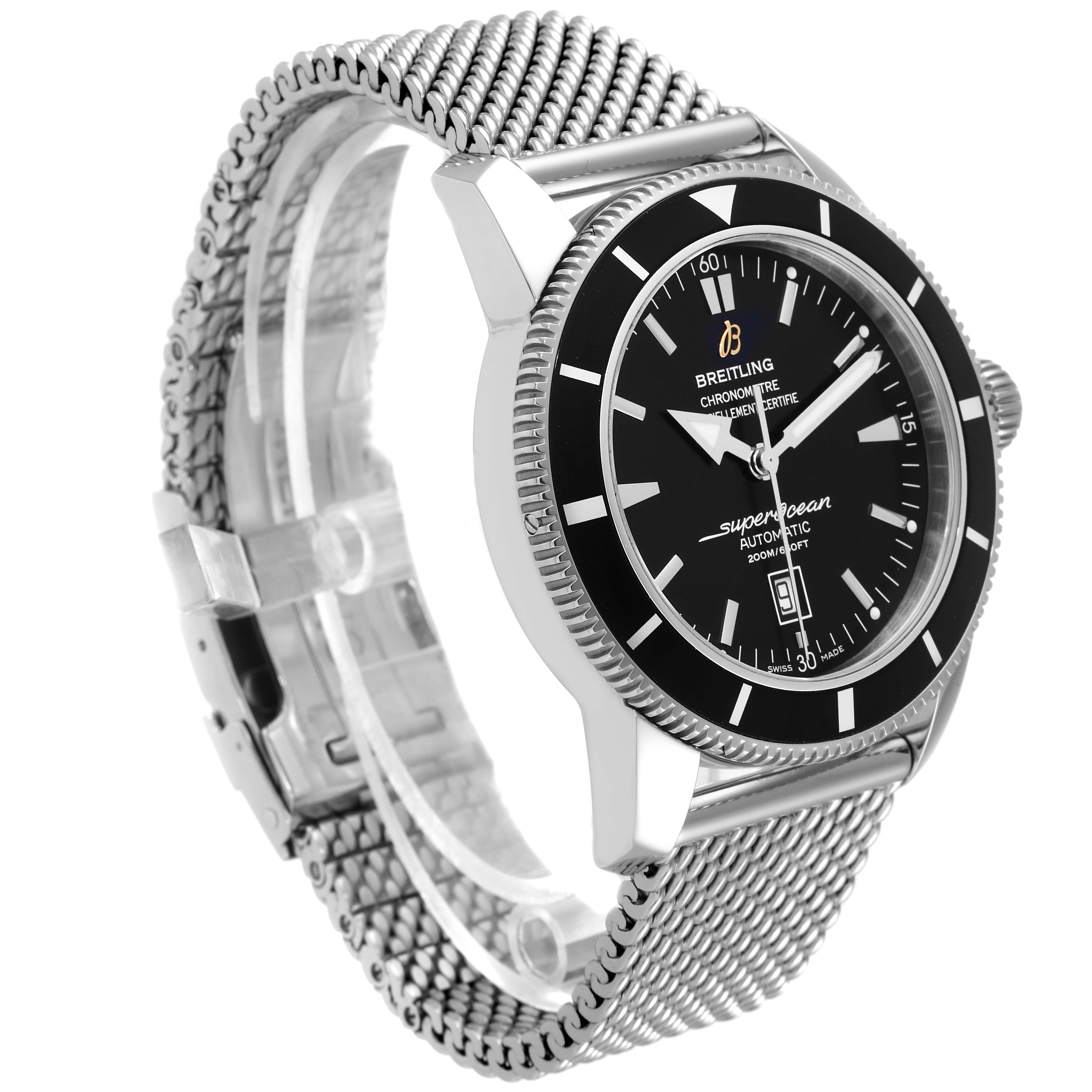 This image shows a side angle of the Breitling Superocean A17320 Men's Stainless Steel Black Dial A17320 Men's Stainless Steel Black Dial watch, highlighting its mesh strap, bezel, and watch face.