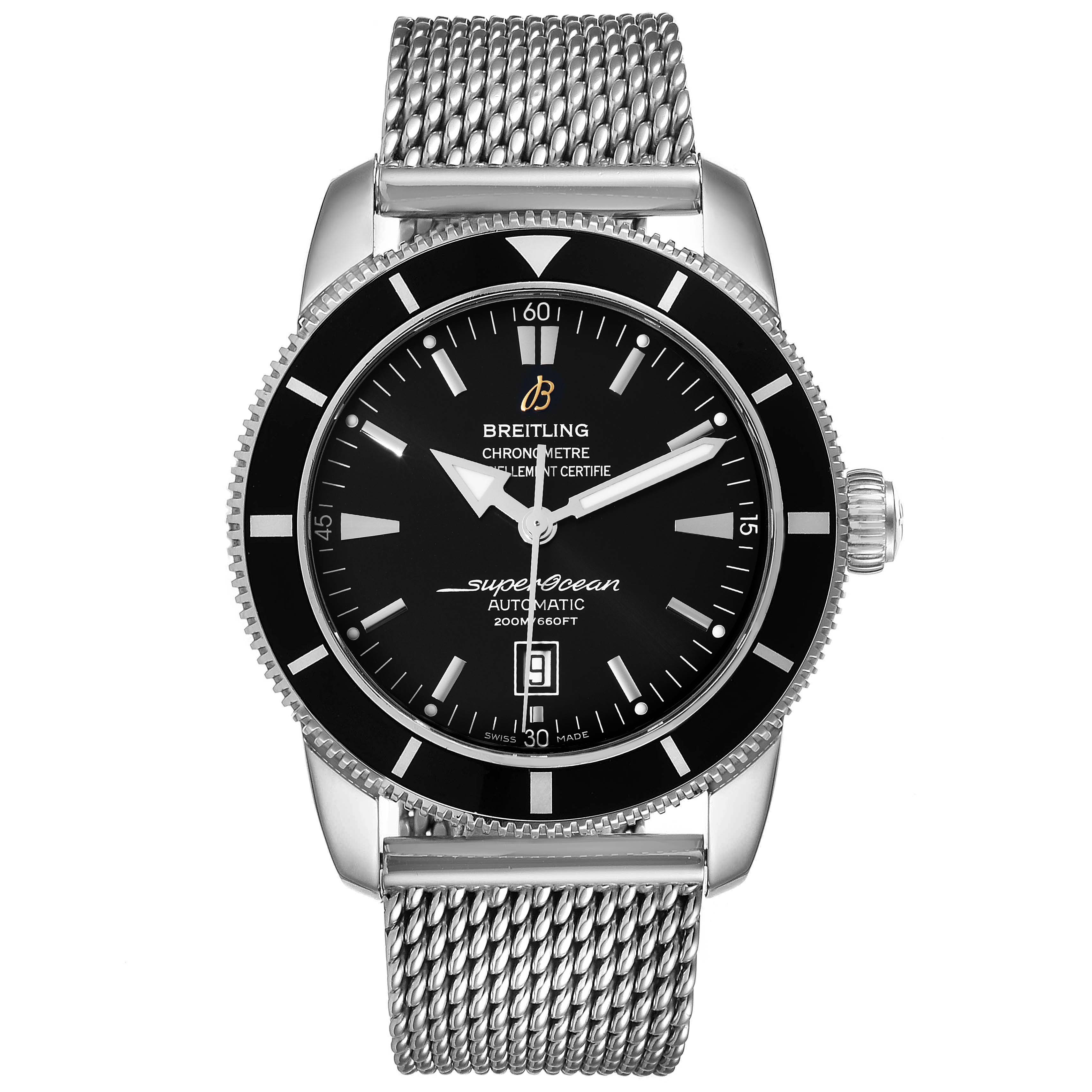 This image shows a front view of the Breitling Superocean A17320 Men's Stainless Steel Black Dial A17320 Men's Stainless Steel Black Dial watch, including the dial, bezel, and mesh strap.
