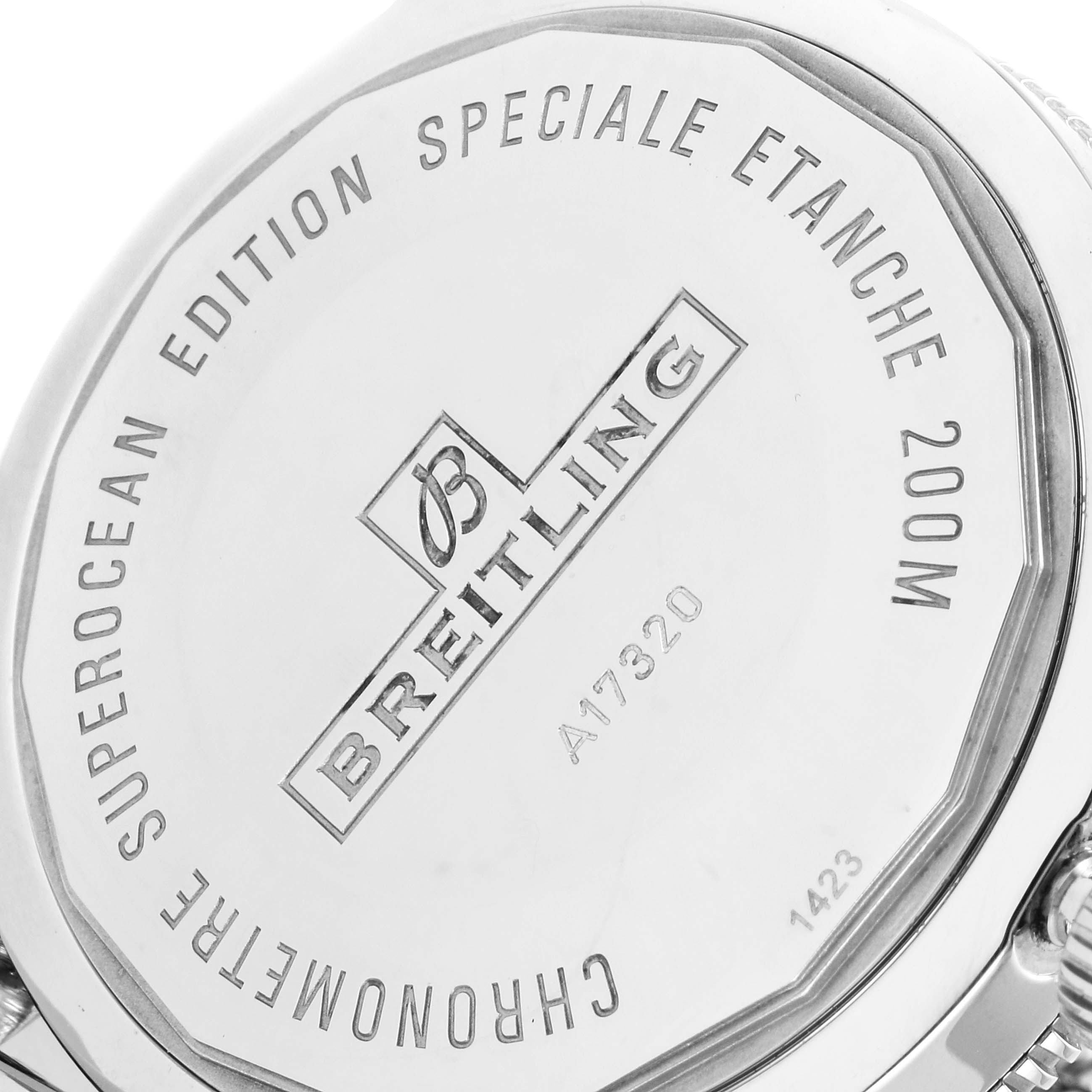 This image shows the back case of a Breitling Superocean A17320 Men's Stainless Steel Black Dial A17320 Men's Stainless Steel Black Dial watch, highlighting the brand name, model details, and water resistance.