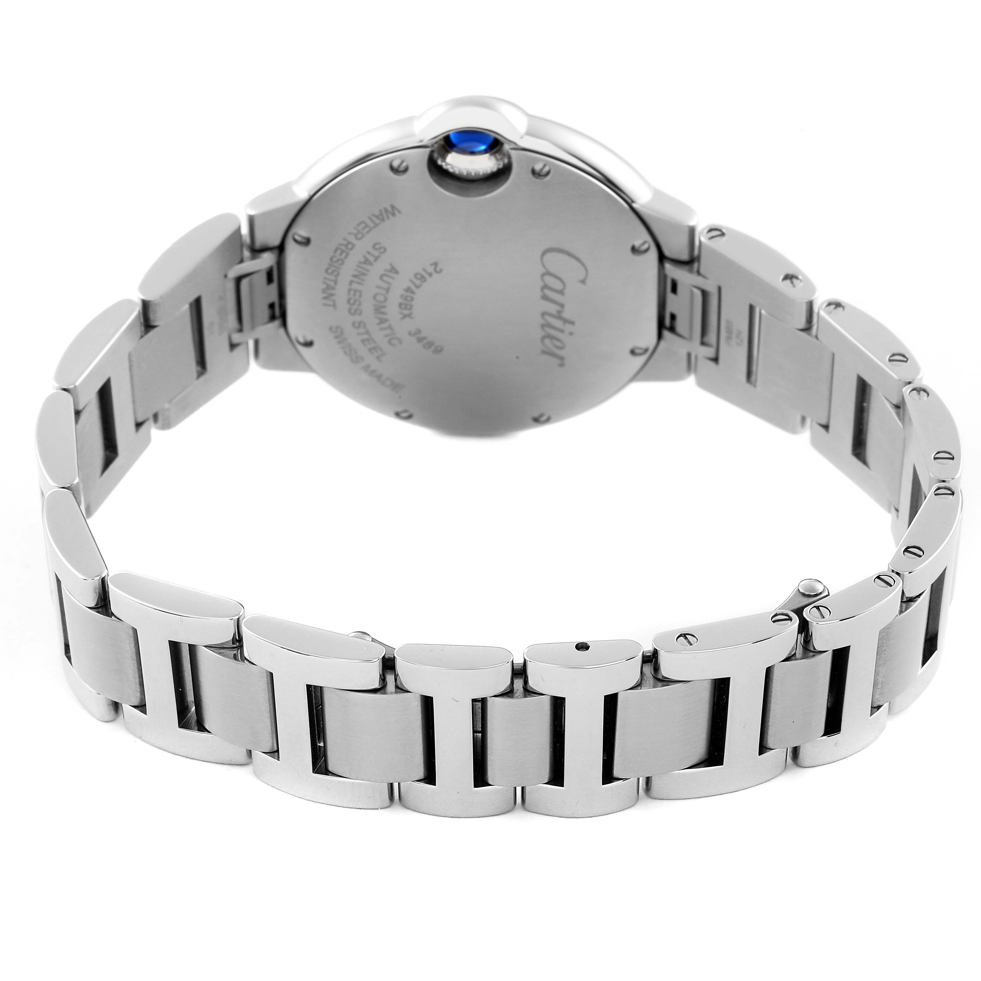 The image shows the back of the Ballon Bleu model by Cartier, highlighting the stainless steel case and bracelet.