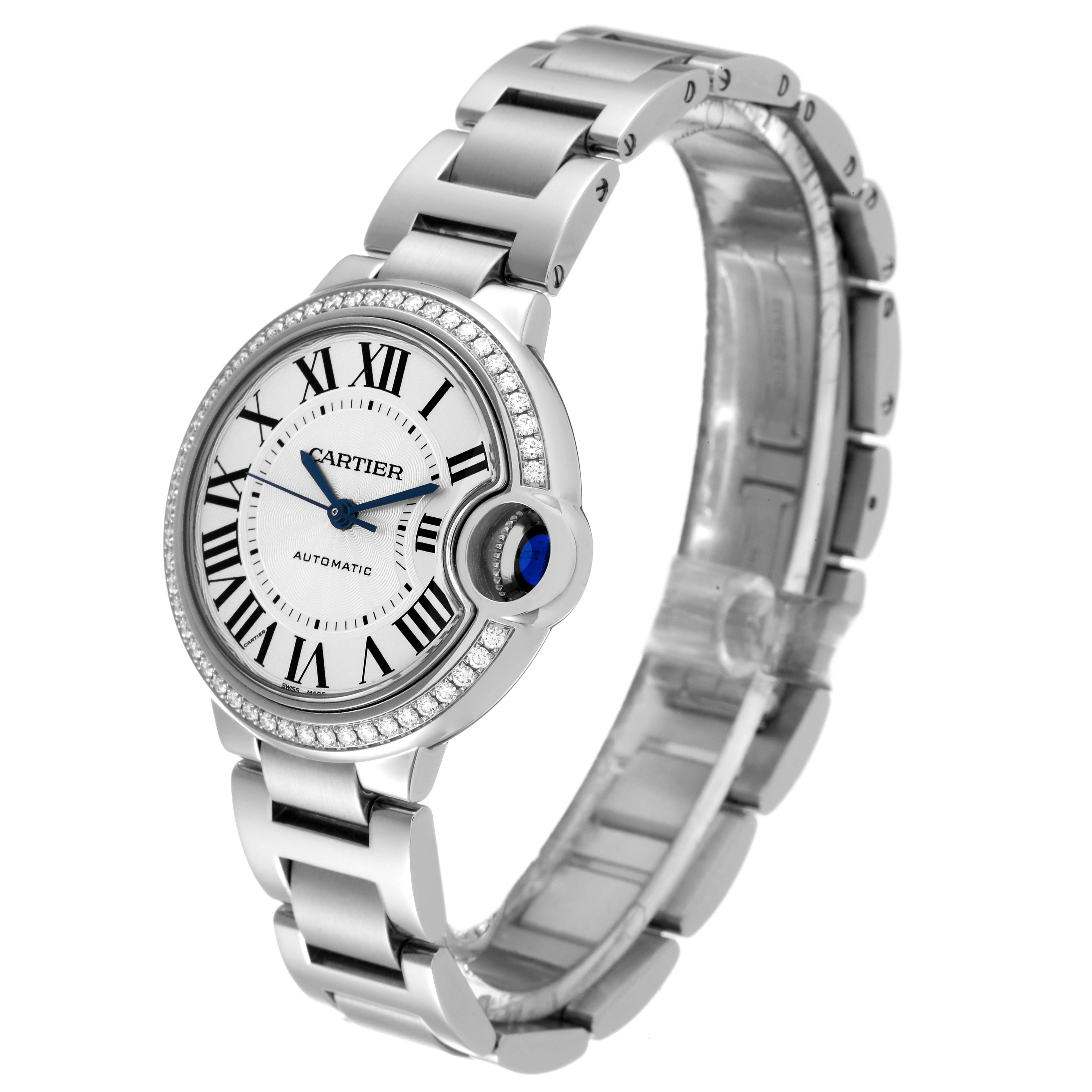 This image shows a side angle view of the Cartier Ballon Bleu W4BB0016 Women's Stainless Steel Silver Dial W4BB0016 Women's Stainless Steel Silver Dial watch, showcasing its silver bracelet, round dial, and blue cabochon crown.