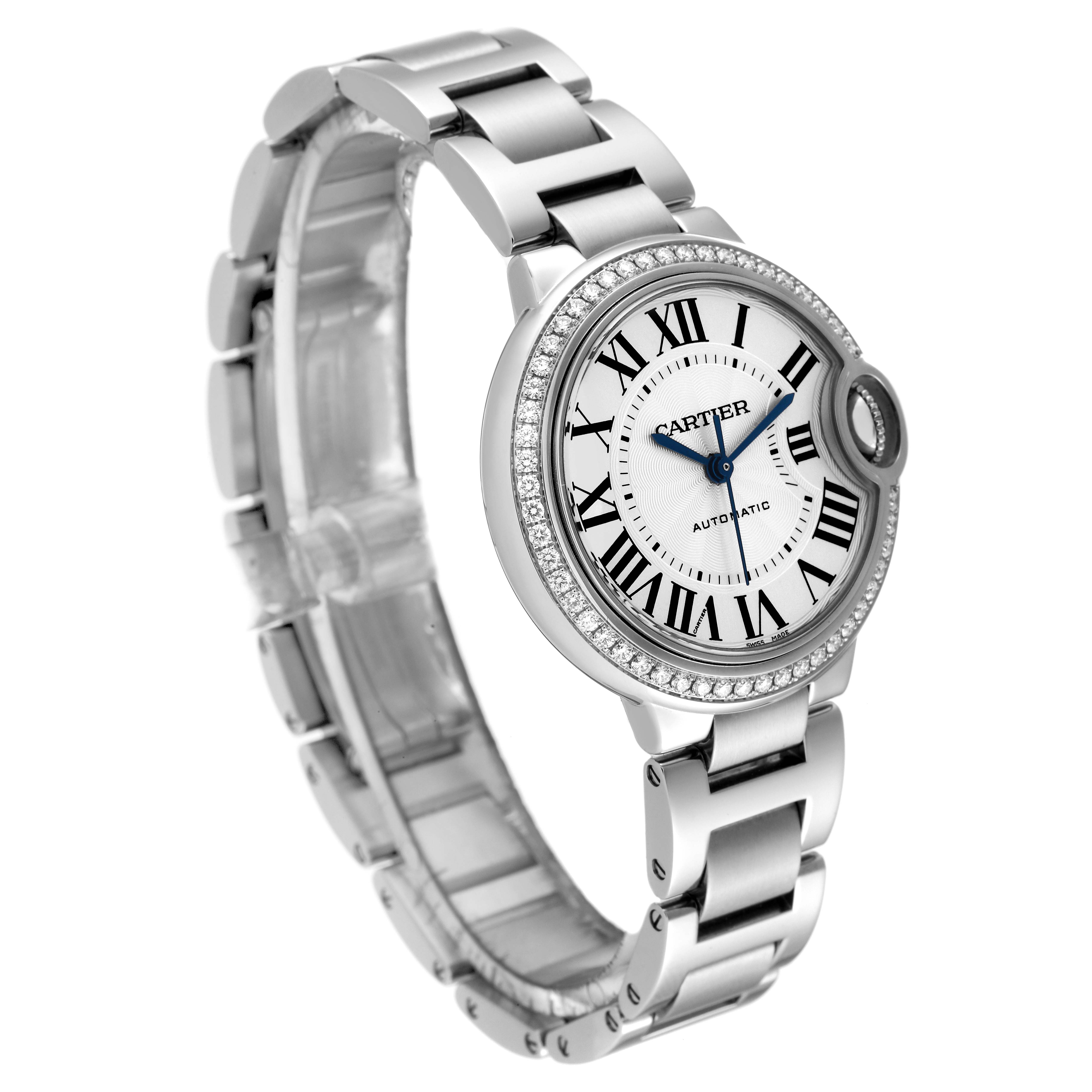 The image shows a Cartier Ballon Bleu W4BB0016 Women's Stainless Steel Silver Dial W4BB0016 Women's Stainless Steel Silver Dial watch from a three-quarter angle, highlighting its face, bezel, and metal bracelet.
