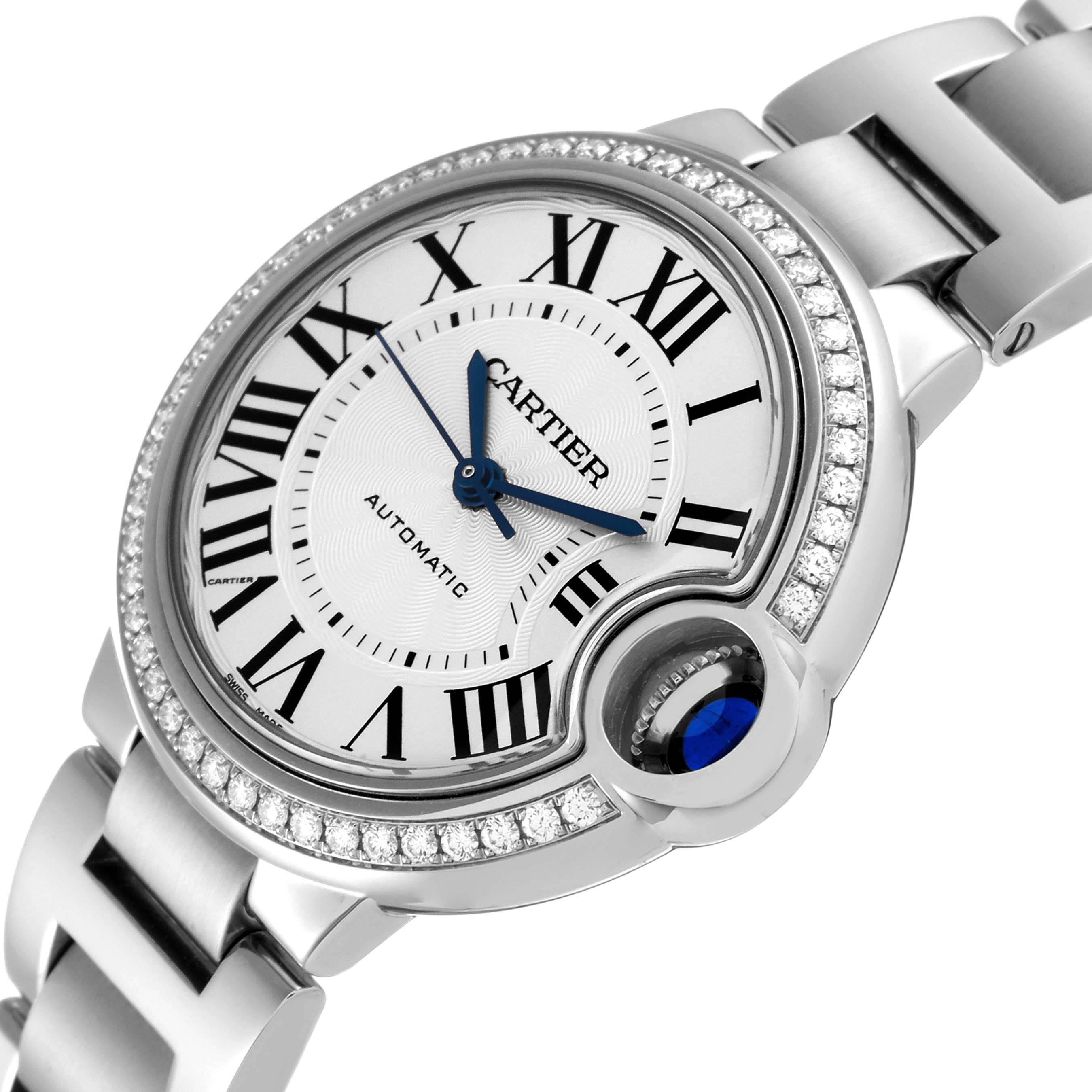 The image shows a close-up of the Cartier Ballon Bleu W4BB0016 Women's Stainless Steel Silver Dial W4BB0016 Women's Stainless Steel Silver Dial watch face, bezel, and bracelet at a three-quarter angle.