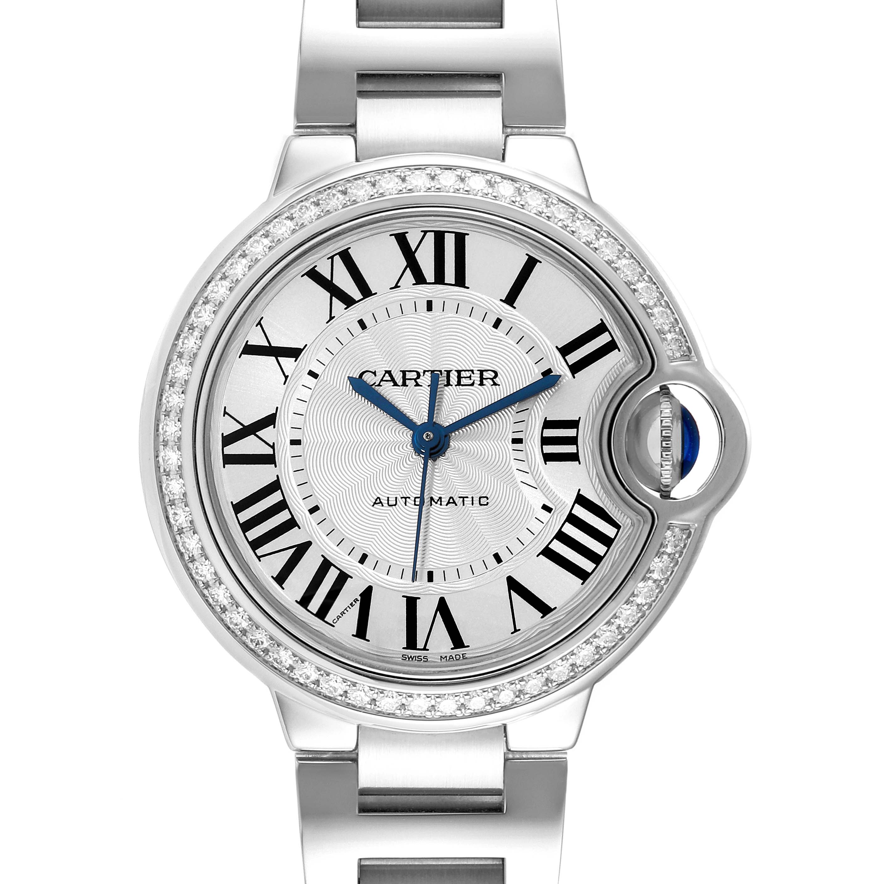 The image shows a front view of the Cartier Ballon Bleu W4BB0016 Women's Stainless Steel Silver Dial W4BB0016 Women's Stainless Steel Silver Dial watch, highlighting the face, Roman numerals, and part of the bracelet.