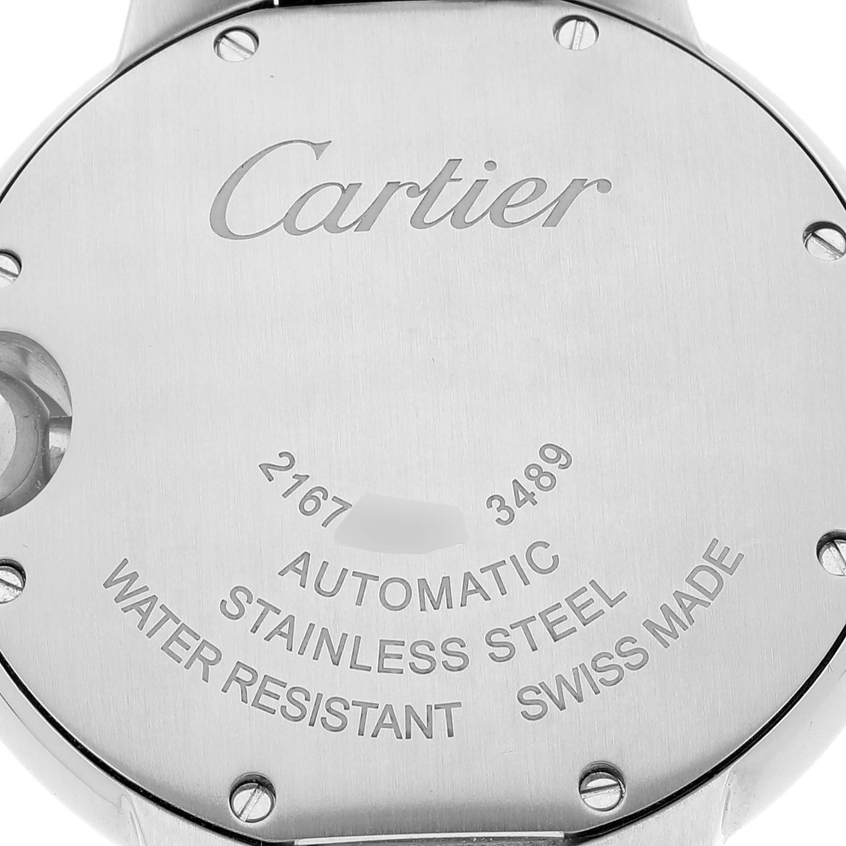 The image shows the back case of a Cartier Ballon Bleu W4BB0016 Women's Stainless Steel Silver Dial W4BB0016 Women's Stainless Steel Silver Dial watch, highlighting its inscriptions and screws.