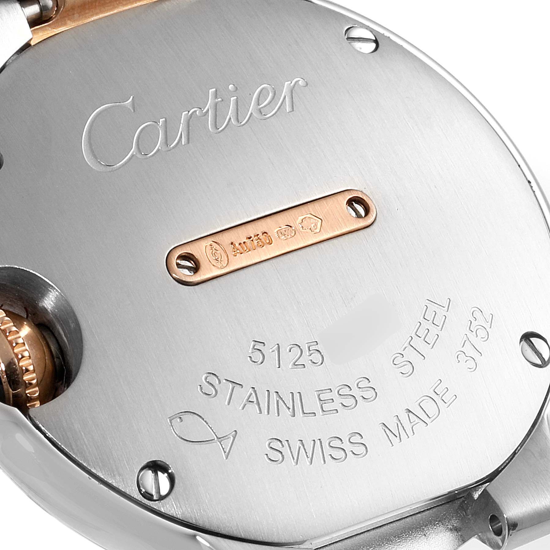 The image shows the back of a Cartier Ballon Bleu W3BB0009 Women's Steel and Gold (two tone) Silver Dial W3BB0009 Women's Steel and Gold (two tone) Silver Dial watch, highlighting the stainless steel case, engravings, and screws.