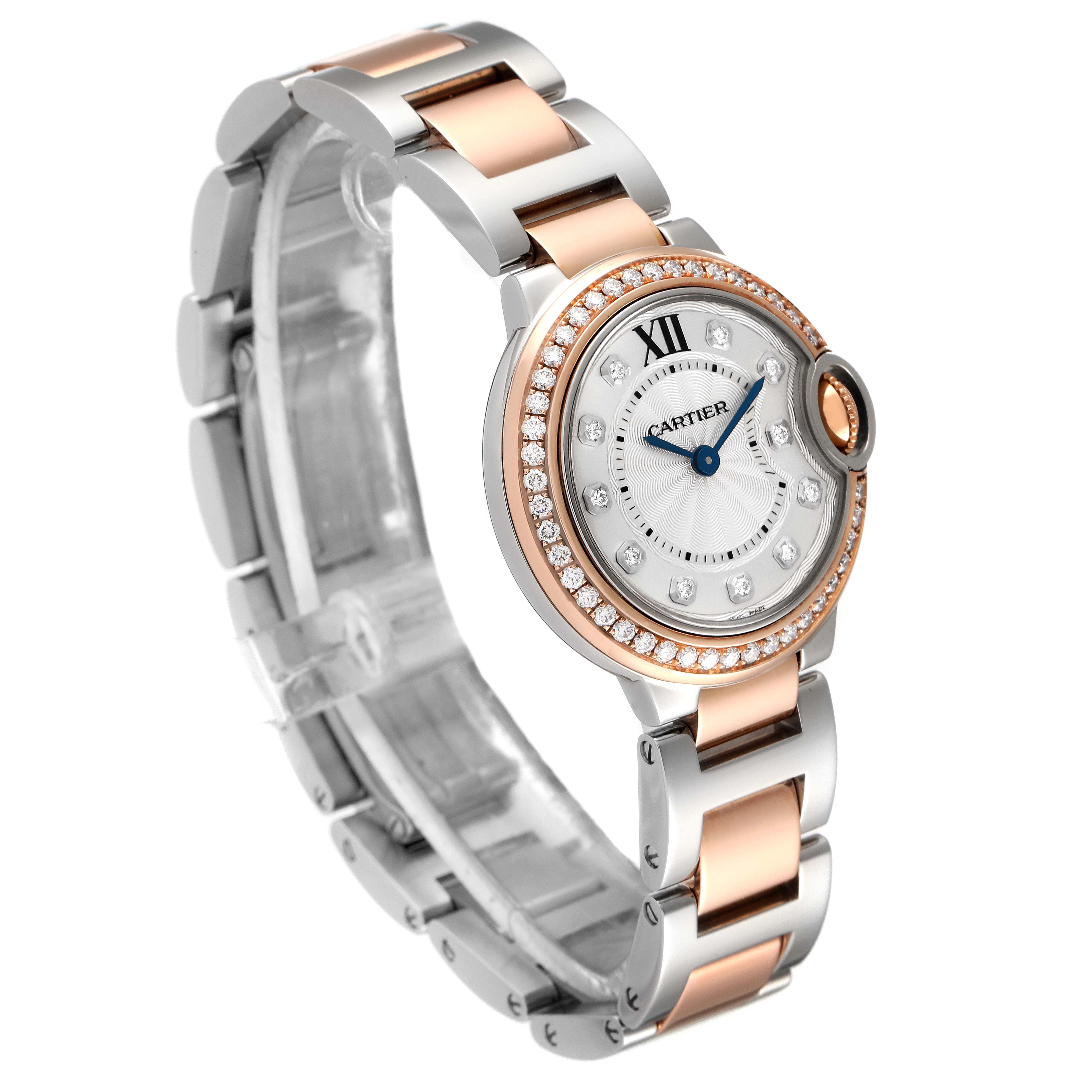 This image shows a side angle of the Cartier Ballon Bleu W3BB0009 Women's Steel and Gold (two tone) Silver Dial W3BB0009 Women's Steel and Gold (two tone) Silver Dial watch, highlighting its metal and rose gold bracelet, diamond-studded bezel, and round white dial.