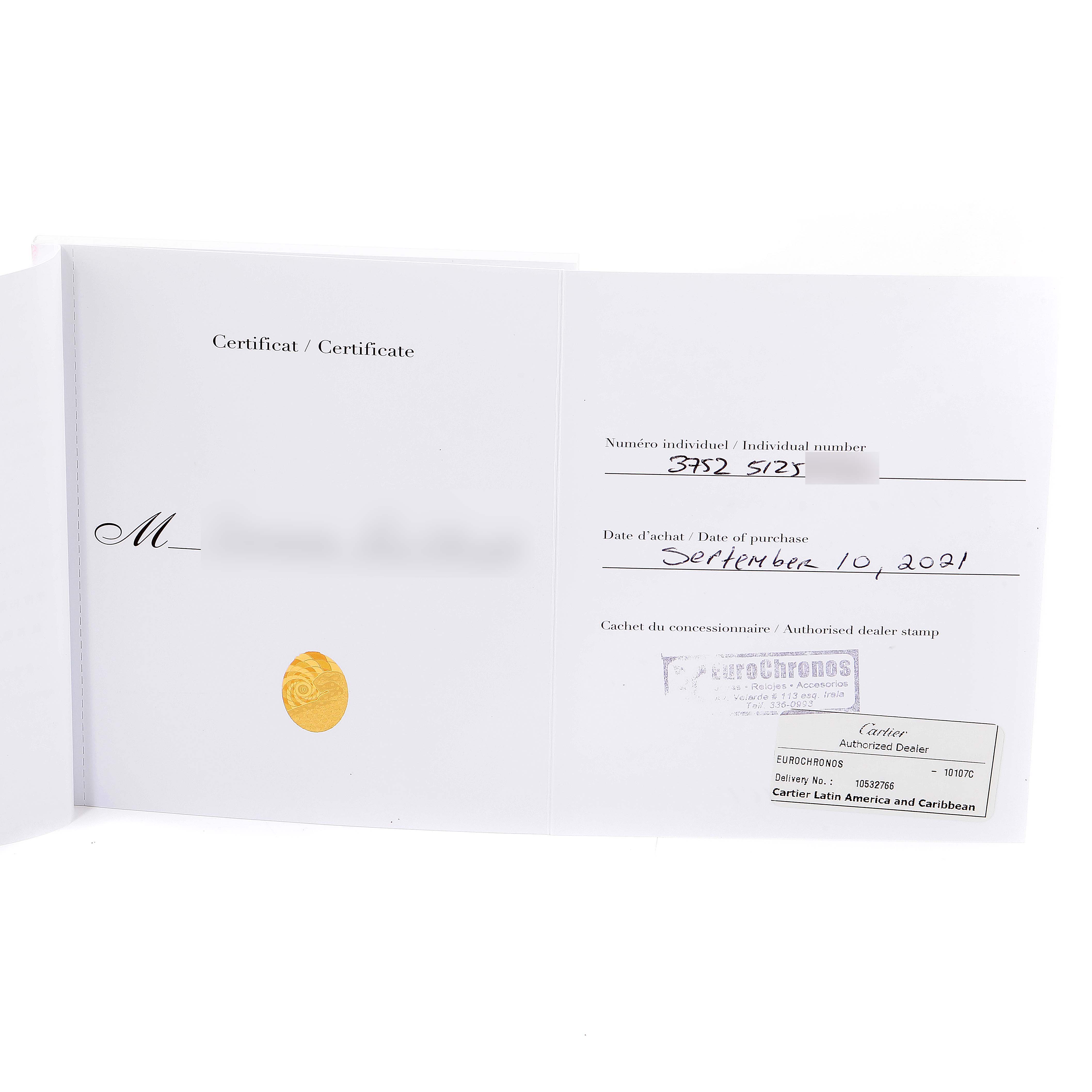 The image shows a certificate for the Ballon Bleu model by Cartier, displaying purchase details and dealer information.