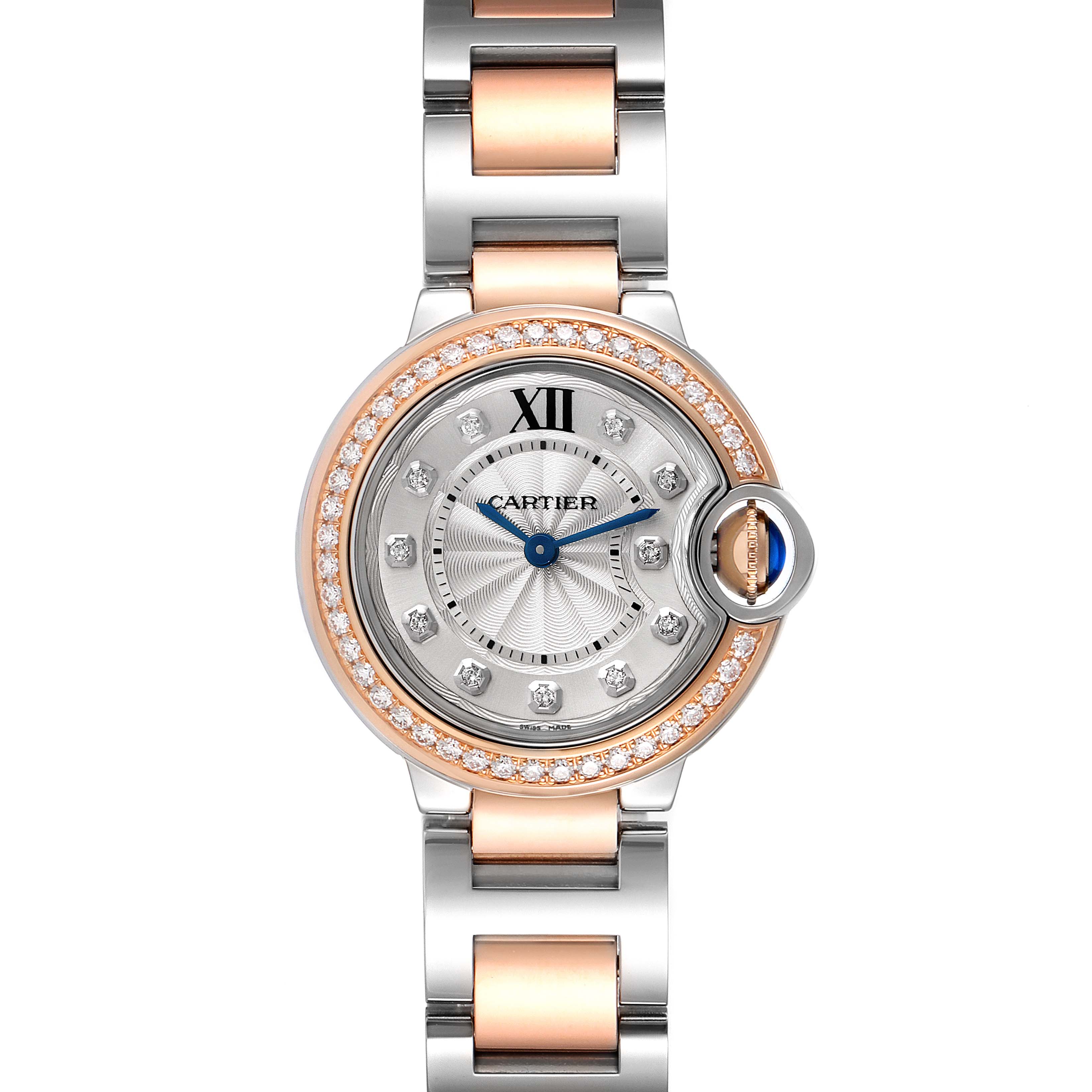 The image shows a frontal view of the Cartier Ballon Bleu W3BB0009 Women's Steel and Gold (two tone) Silver Dial W3BB0009 Women's Steel and Gold (two tone) Silver Dial watch, highlighting its dial, bezel, and bracelet.