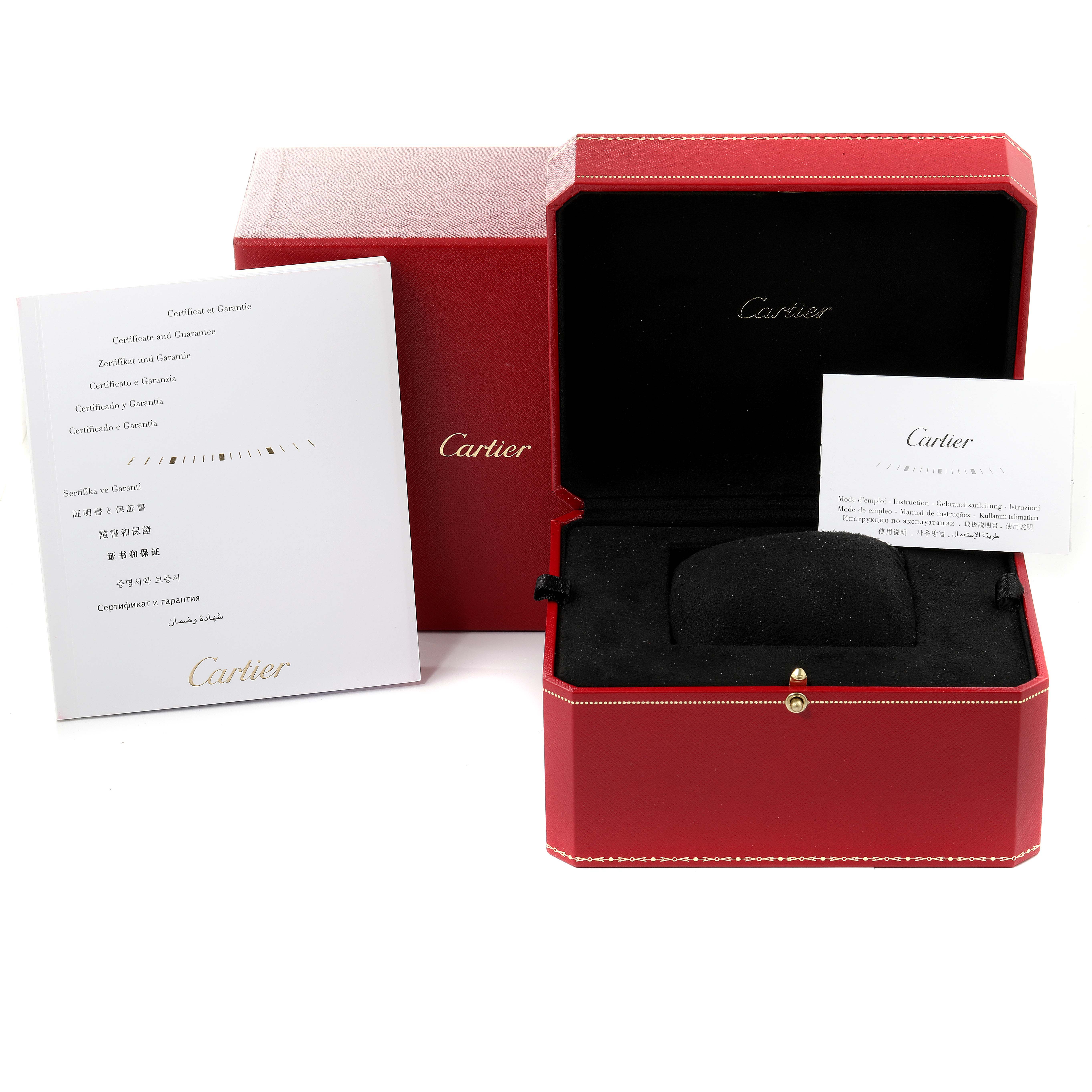 The image shows the packaging and certificates for a Cartier Ballon Bleu W3BB0009 Women's Steel and Gold (two tone) Silver Dial W3BB0009 Women's Steel and Gold (two tone) Silver Dial watch, including the red box and guarantee booklet.