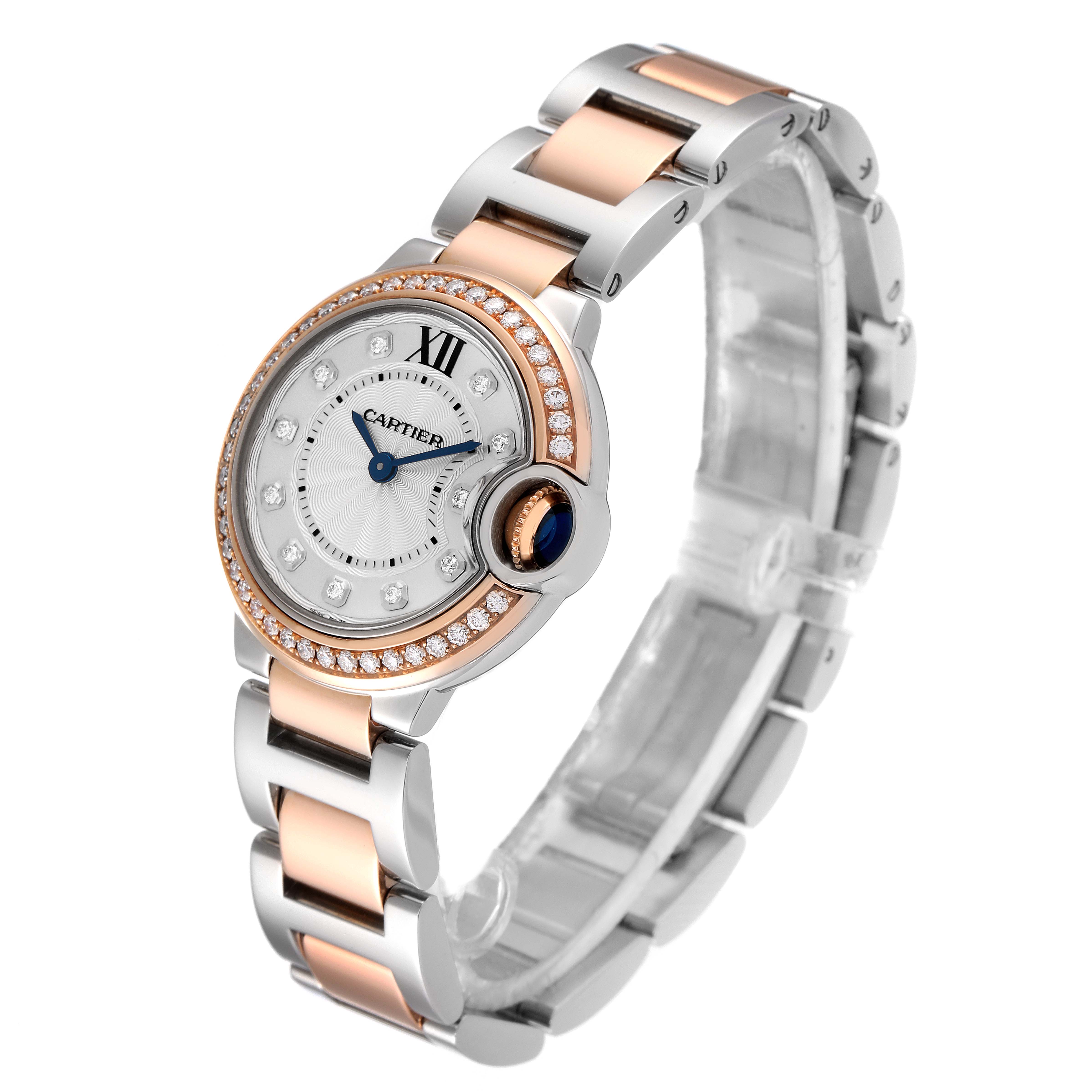 The Cartier Ballon Bleu W3BB0009 Women's Steel and Gold (two tone) Silver Dial W3BB0009 Women's Steel and Gold (two tone) Silver Dial watch is shown at a slight angle, highlighting the round case, diamond bezel, silver dial, and two-tone bracelet.