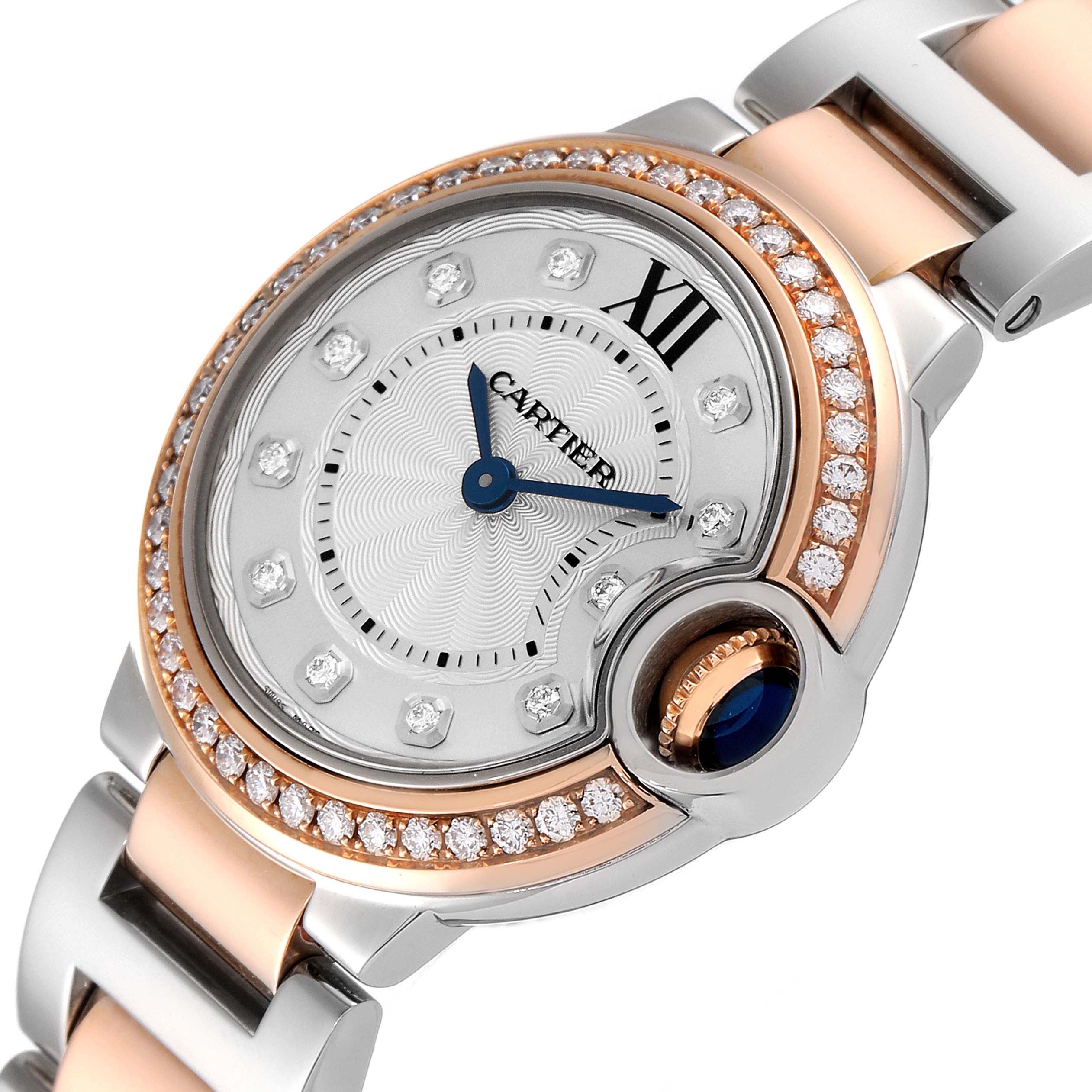 The image shows a close-up angle of a Cartier Ballon Bleu W3BB0009 Women's Steel and Gold (two tone) Silver Dial W3BB0009 Women's Steel and Gold (two tone) Silver Dial watch, highlighting the dial, bezel, and part of the band.