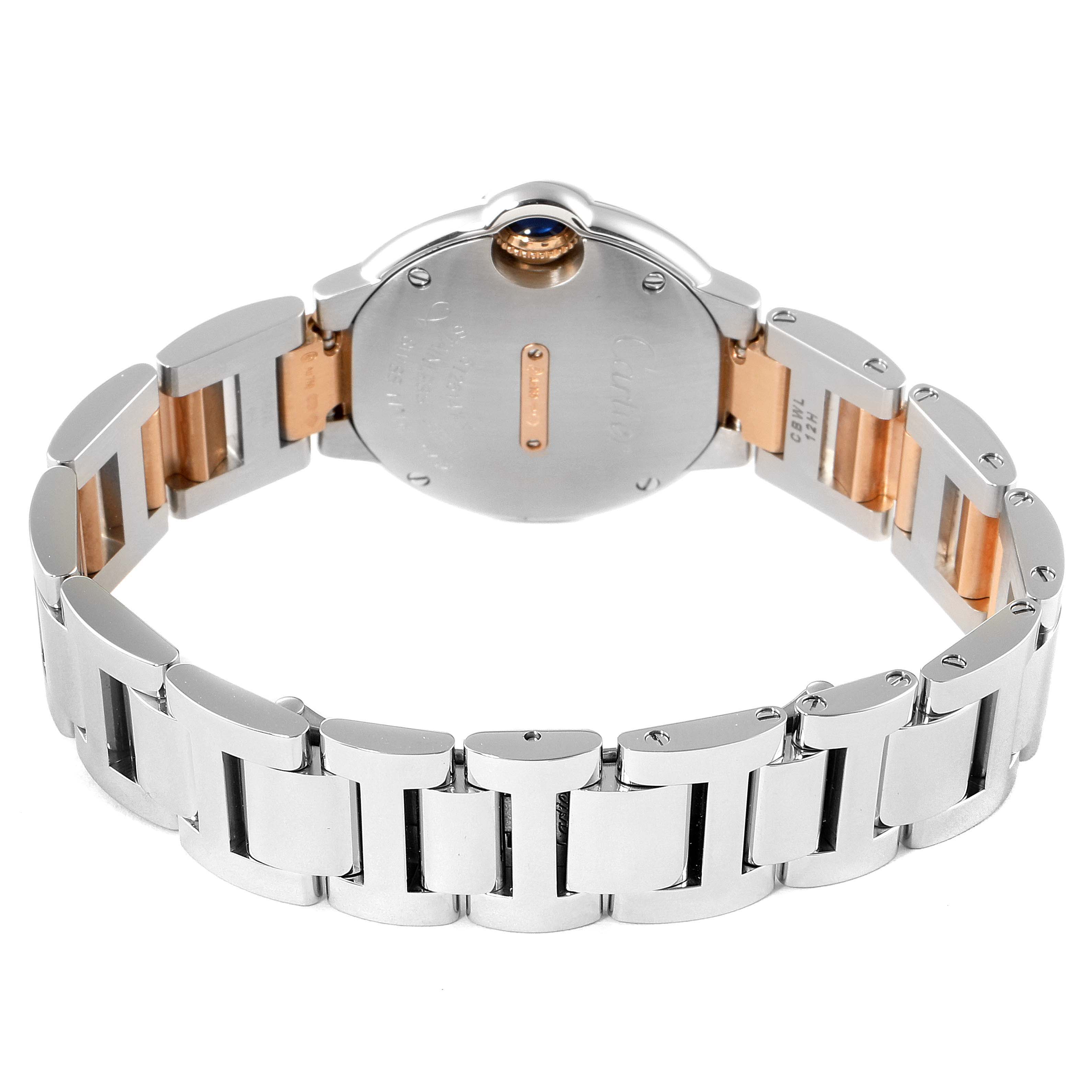 This image shows the back case and bracelet of the Cartier Ballon Bleu W3BB0009 Women's Steel and Gold (two tone) Silver Dial W3BB0009 Women's Steel and Gold (two tone) Silver Dial watch, highlighting the metal links and clasp.