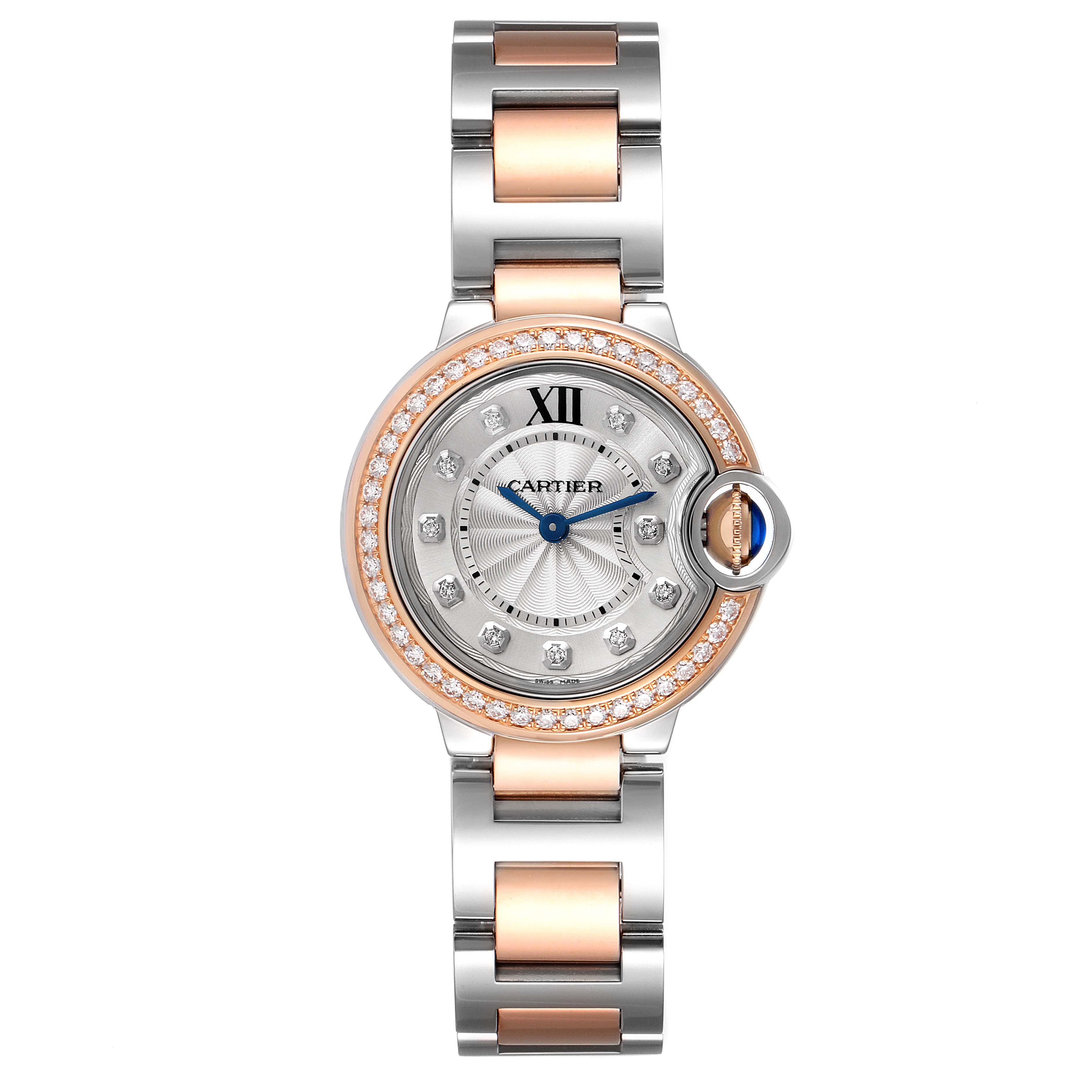 This image shows a top-down view of the Cartier Ballon Bleu W3BB0009 Women's Steel and Gold (two tone) Silver Dial W3BB0009 Women's Steel and Gold (two tone) Silver Dial watch featuring a two-tone bracelet and diamond-studded bezel.
