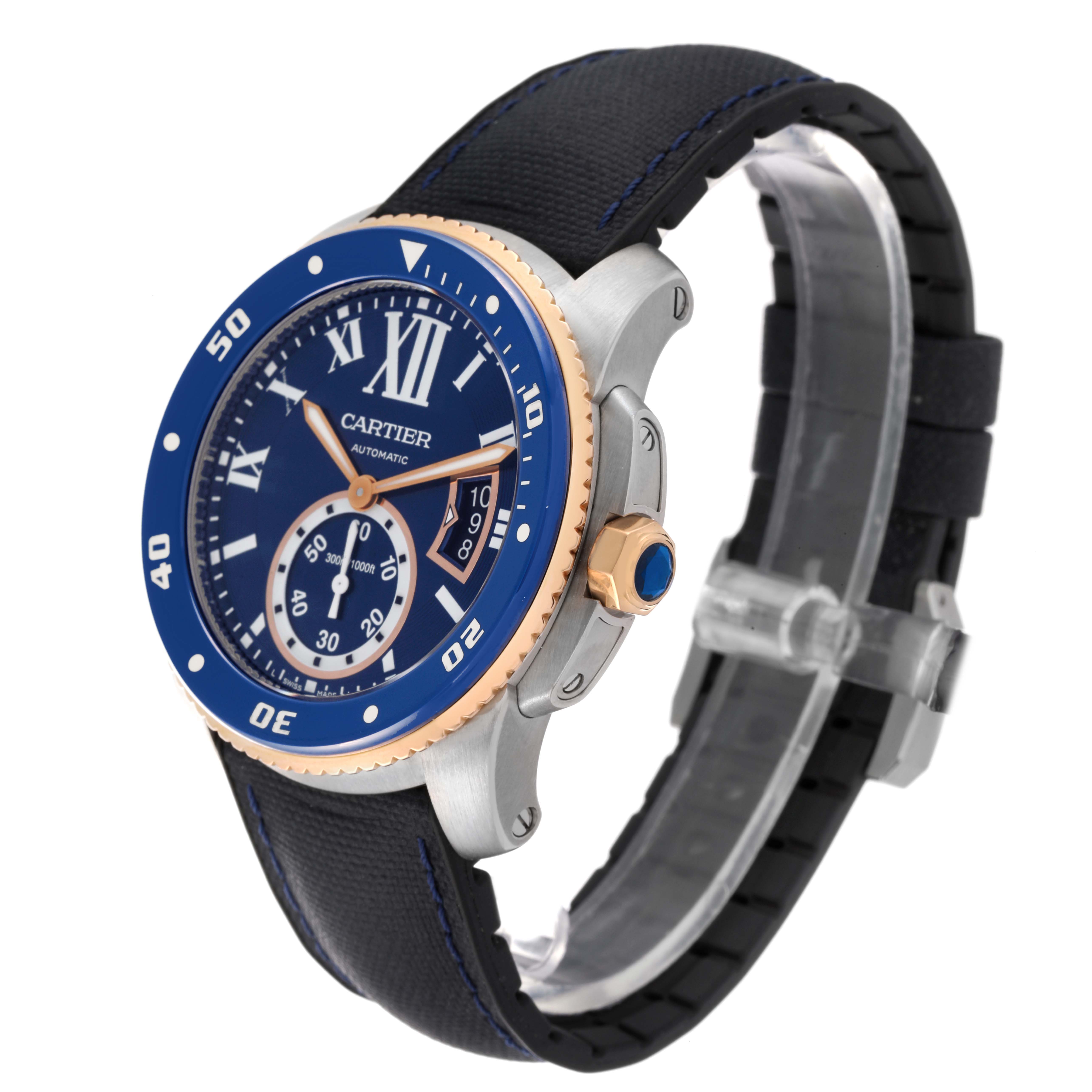 This image shows a side angle of a Calibre de Cartier watch by Cartier, highlighting the dial, bezel, crown, and strap.