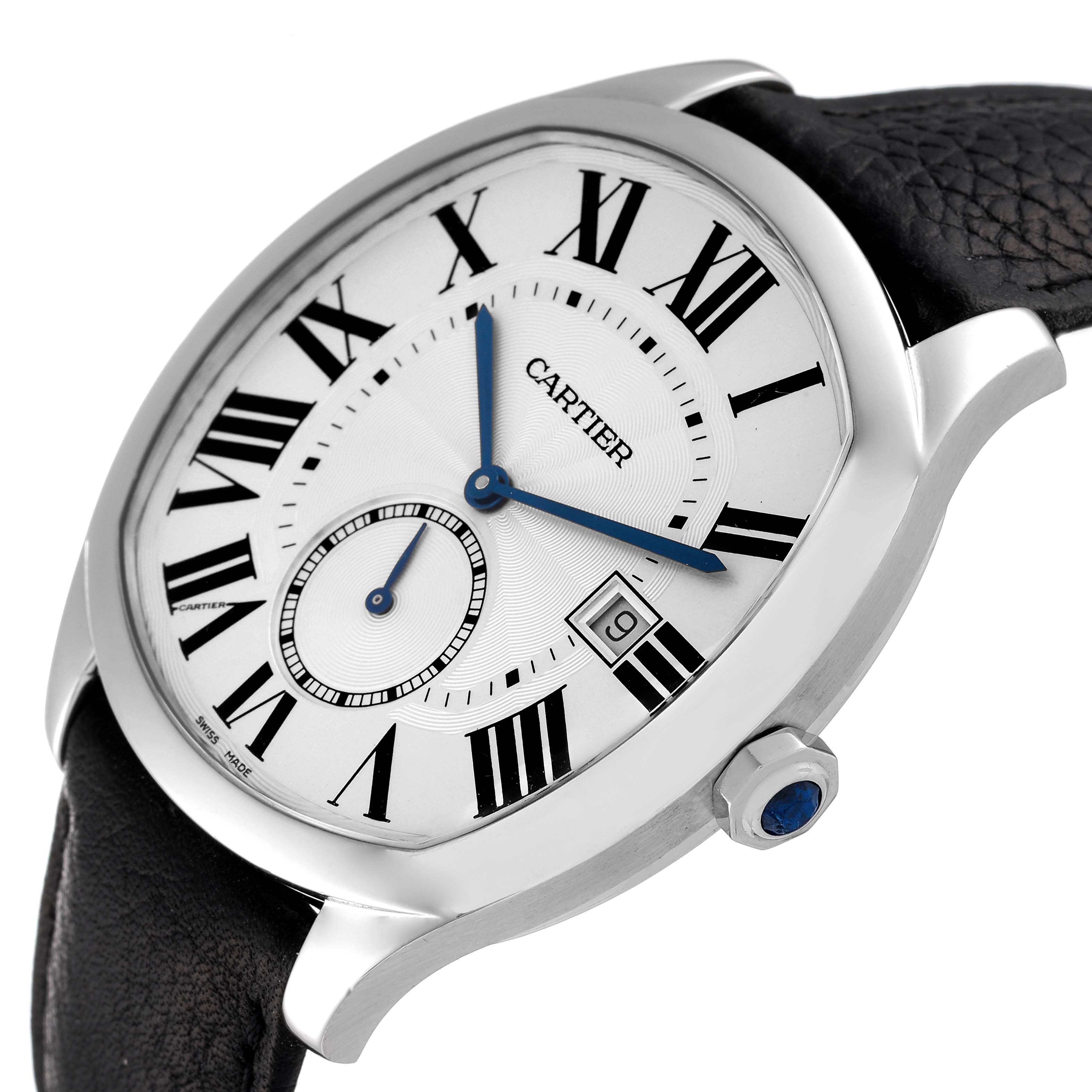 The Drive de Cartier watch is shown at a slight angle, highlighting its face, Roman numerals, blue hands, crown, and black leather strap.