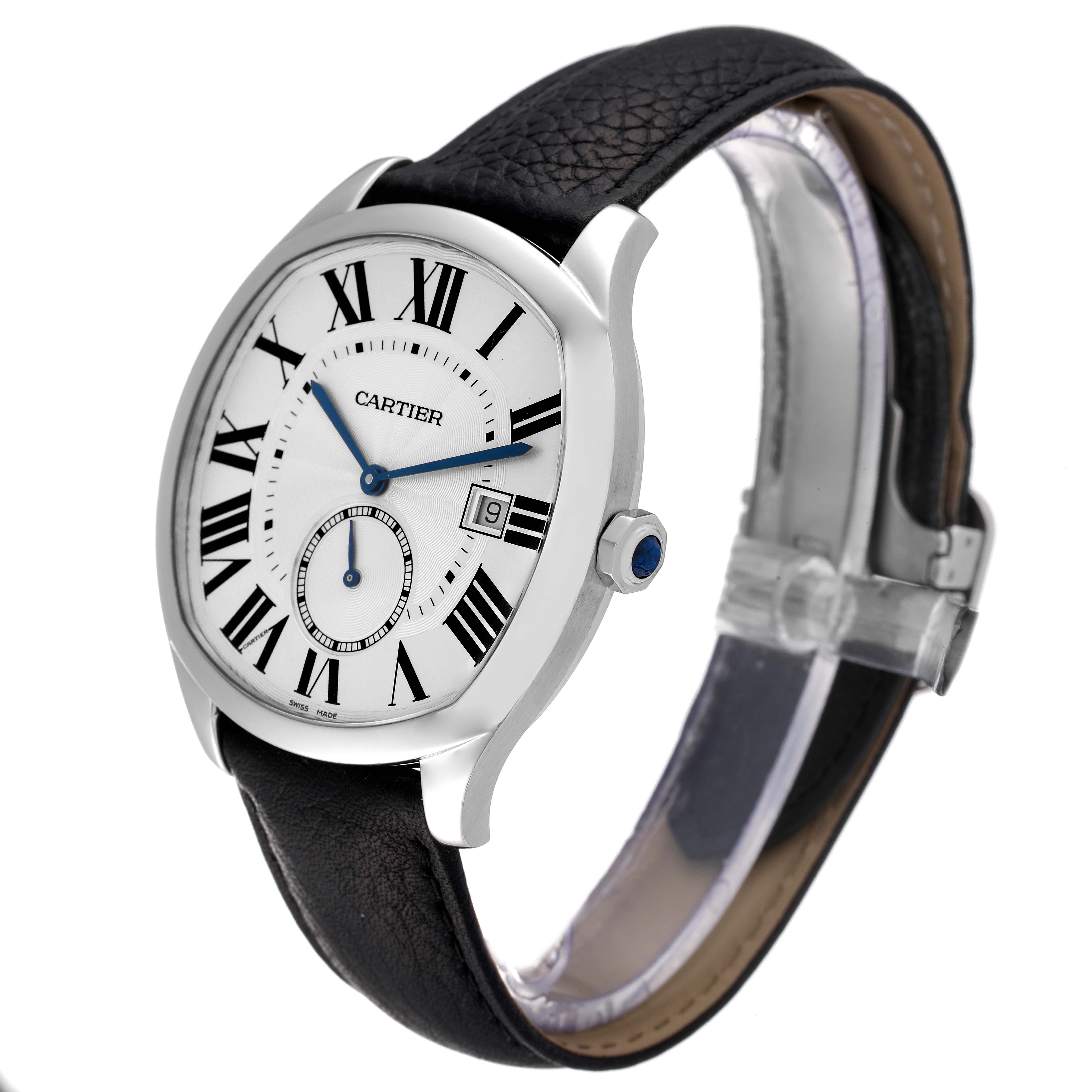 This image shows a Drive de Cartier watch by Cartier from an angled side view, highlighting the dial, strap, and crown.