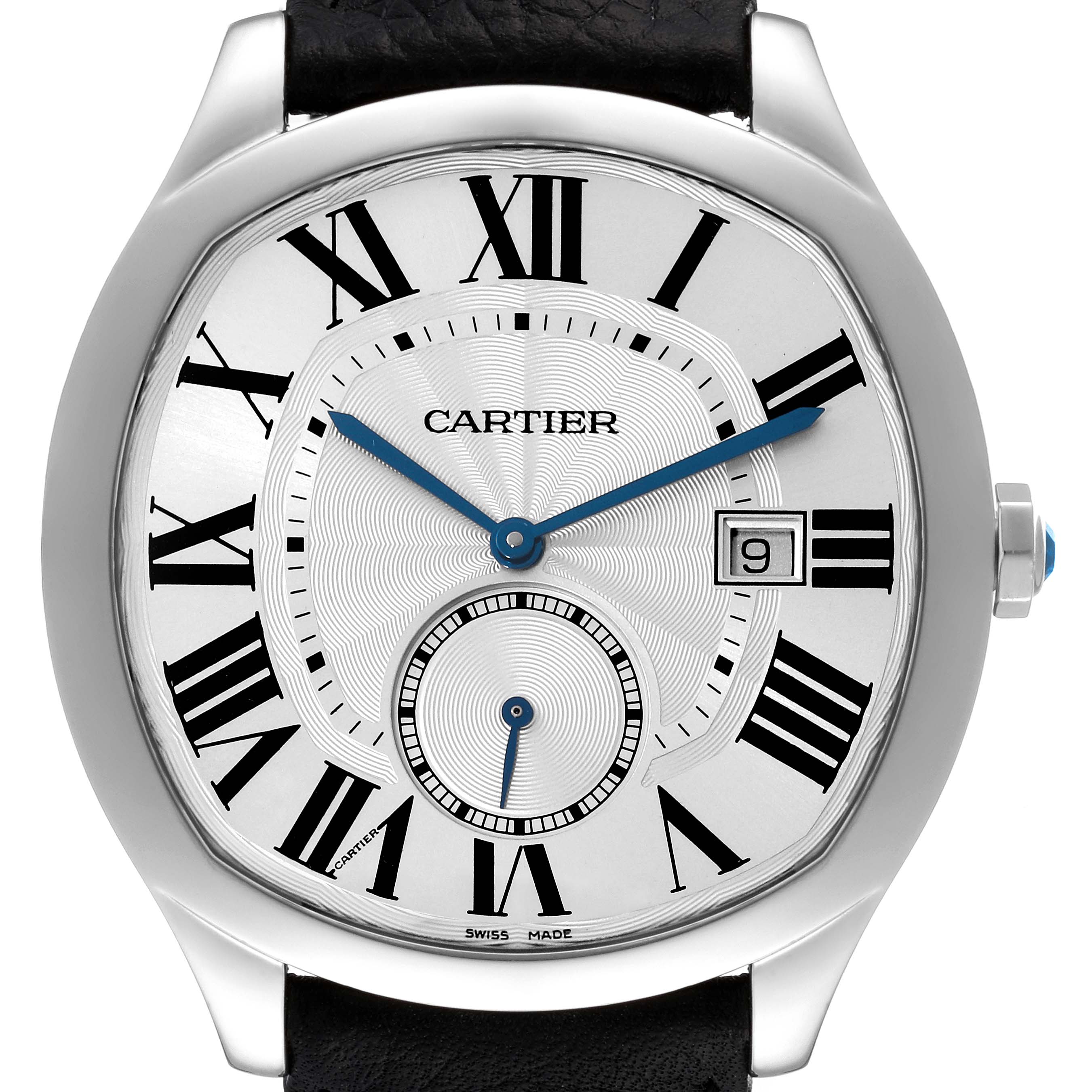 The image shows a front view of the Drive de Cartier watch by Cartier, featuring Roman numerals, blue hands, and a date window.