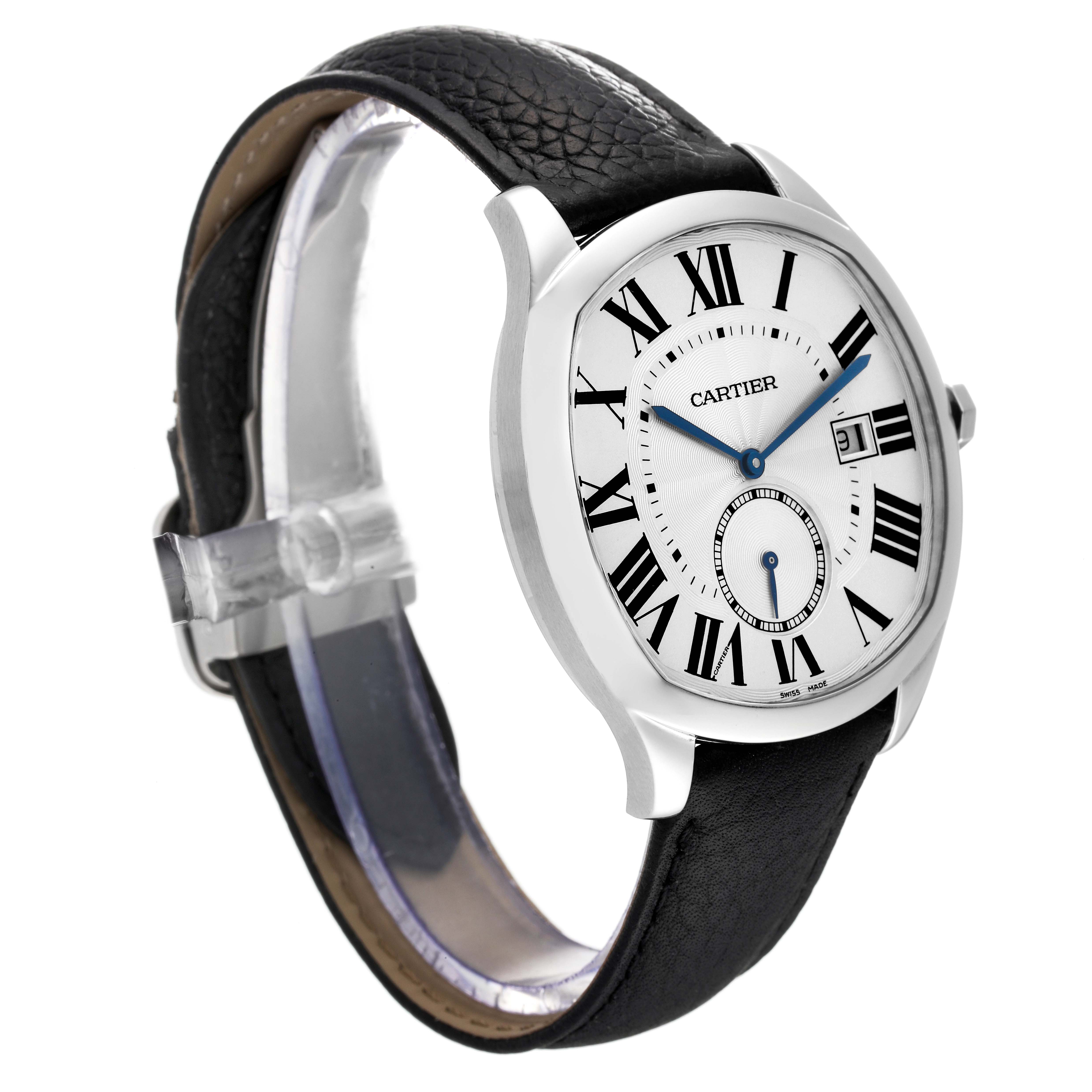 The Drive de Cartier watch by Cartier is shown at a three-quarter angle, highlighting the face, black leather strap, and side profile.