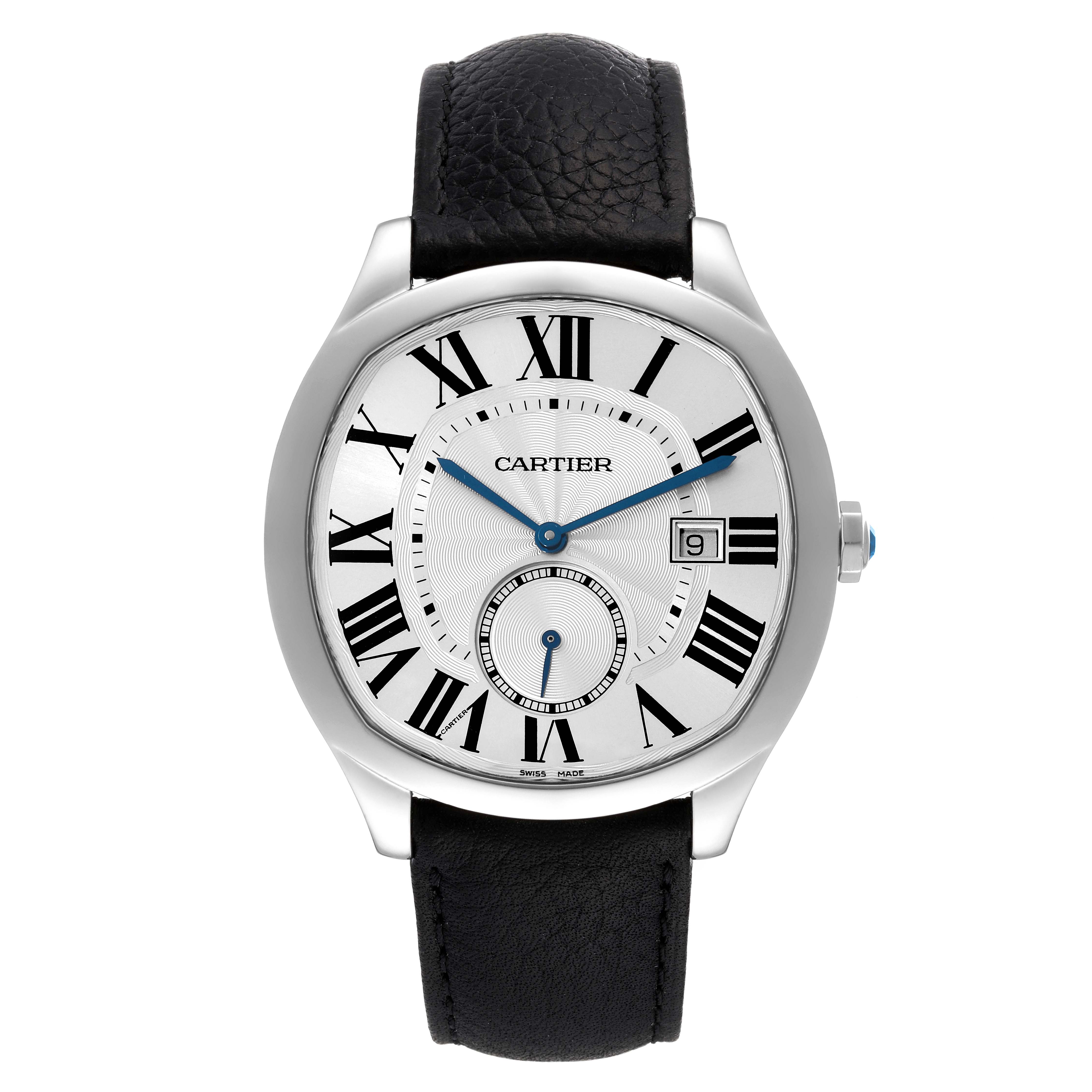 The image shows a frontal view of a Drive de Cartier watch by Cartier, featuring its dial, leather strap, and case.