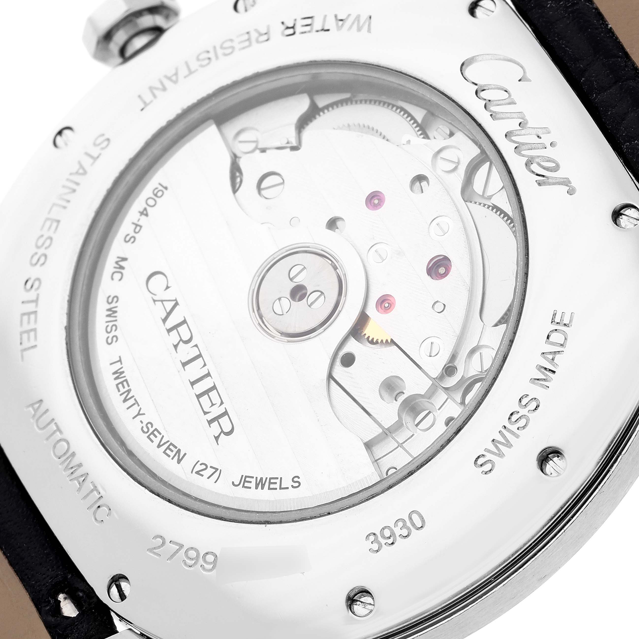 The image shows the back view of a Drive de Cartier by Cartier, displaying its automatic movement and internal components.