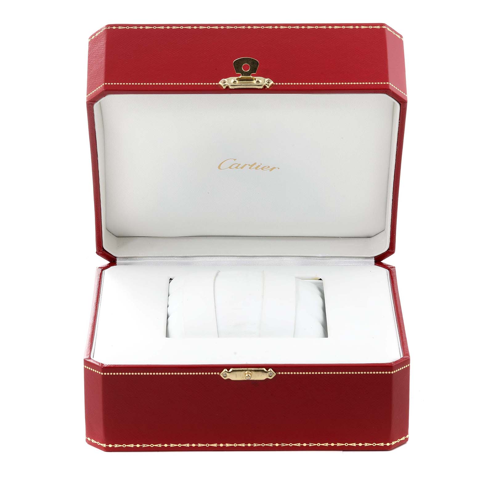 The image shows an open red watch box for the Drive de Cartier model by Cartier, with a white interior.