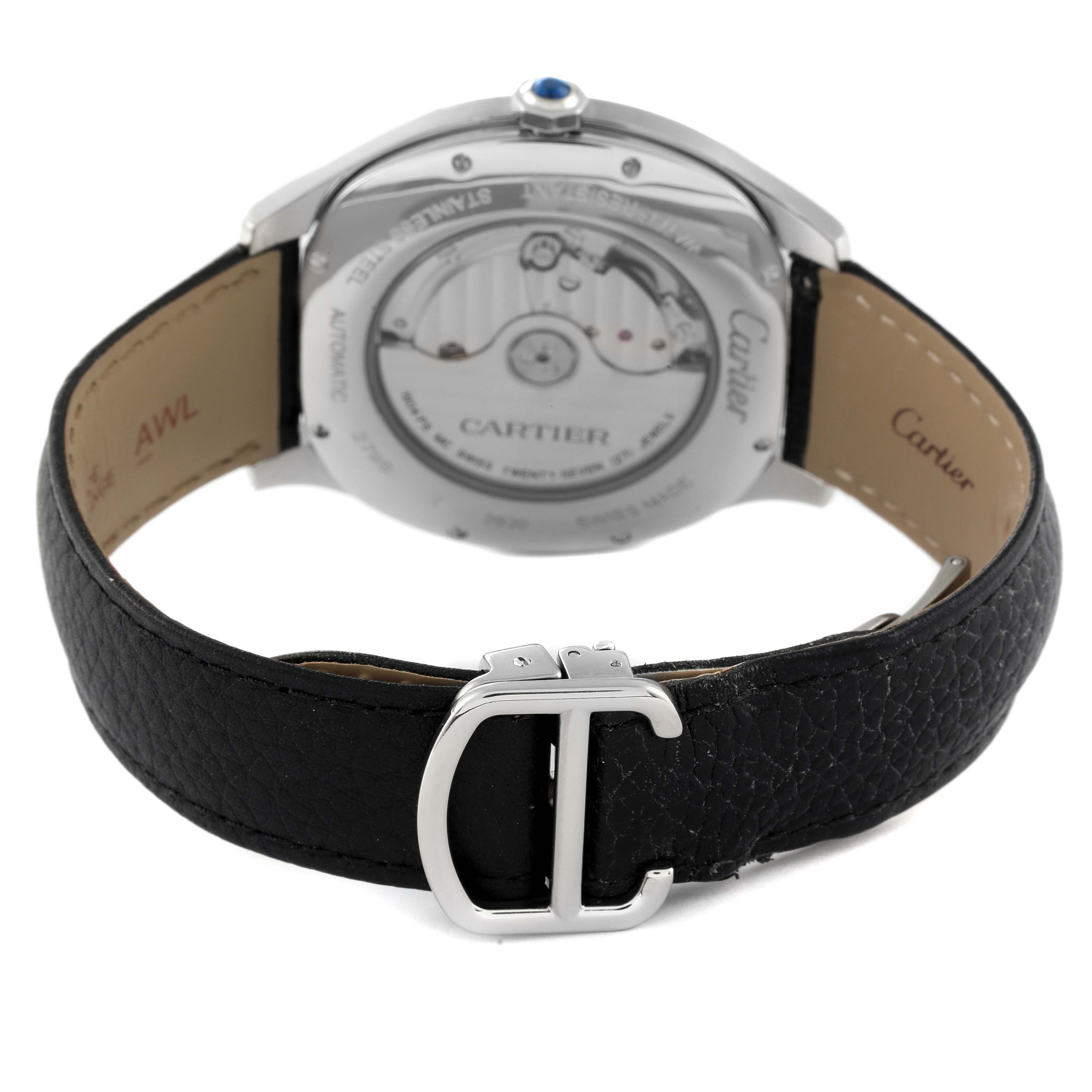 The image shows the back view of the Drive de Cartier watch by Cartier, highlighting the movement through the case back and the leather strap with a clasp.