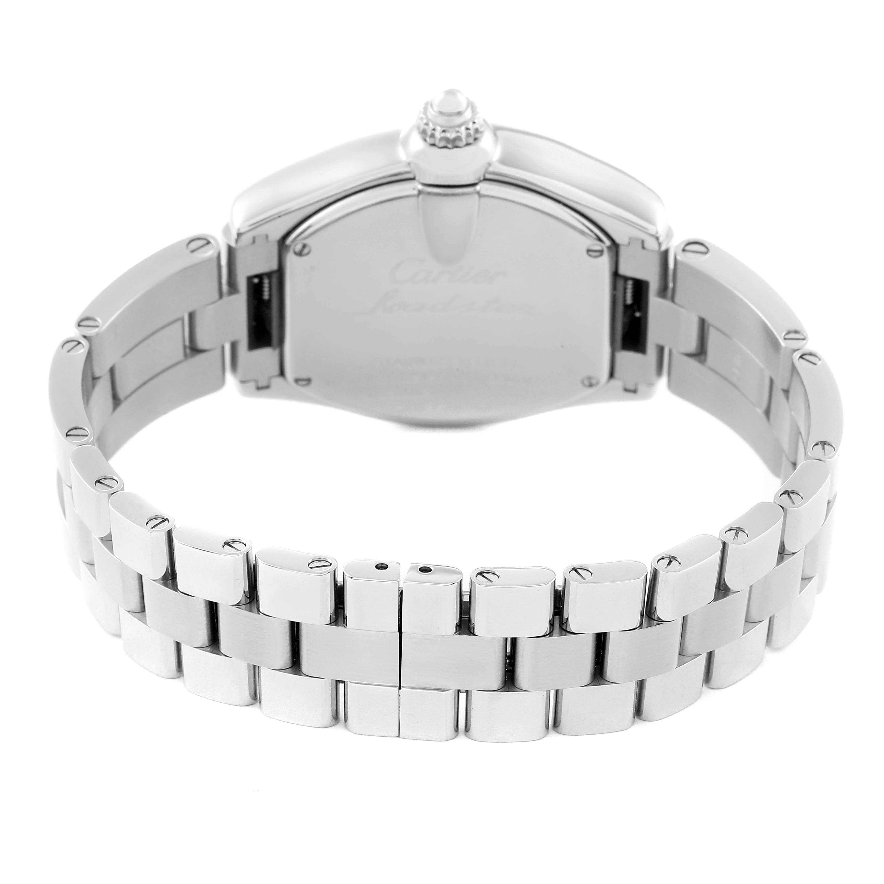 The image shows the back case and bracelet of a Cartier Roadster W62053V3 Women's Stainless Steel Blue Dial W62053V3 Women's Stainless Steel Blue Dial watch.
