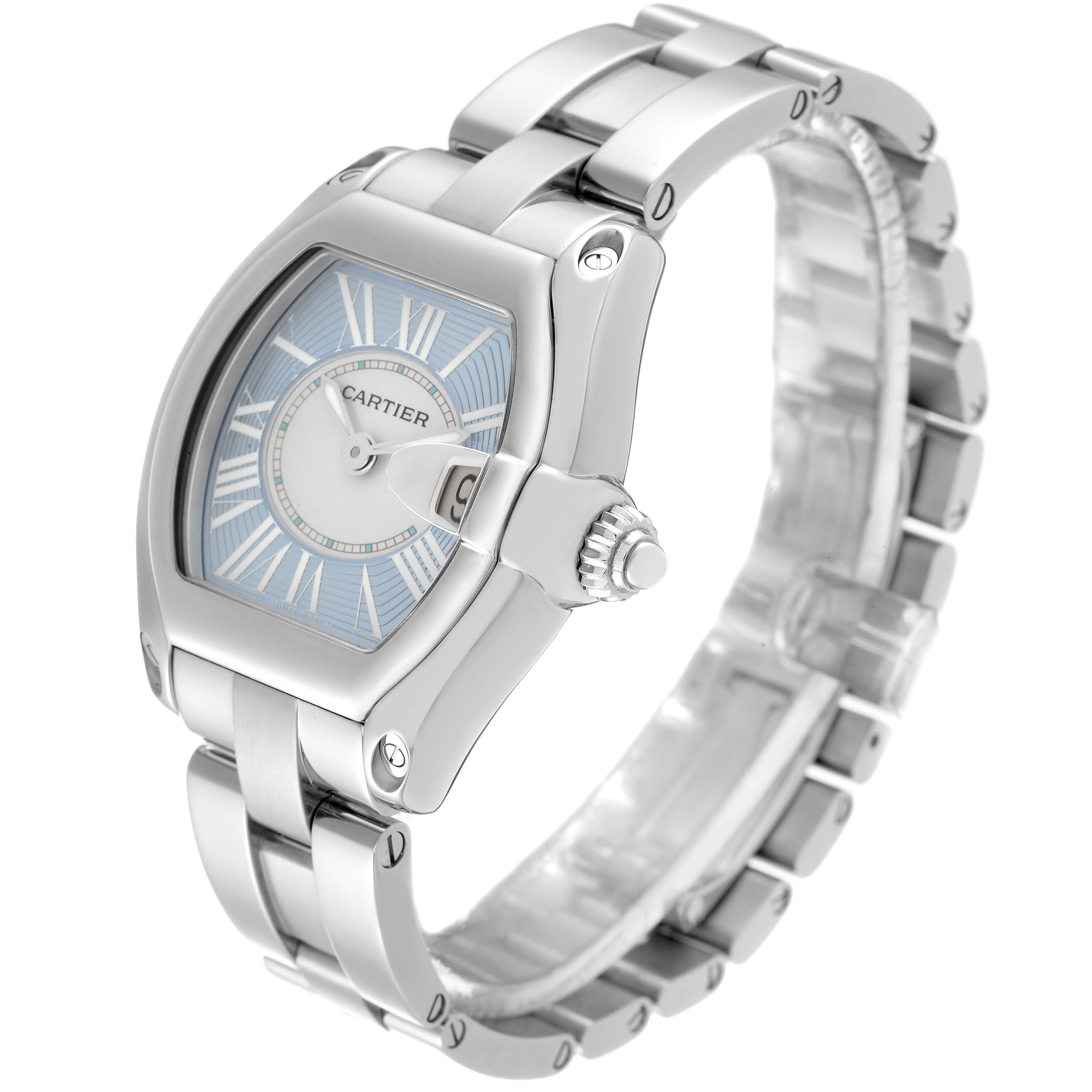 The Cartier Roadster W62053V3 Women's Stainless Steel Blue Dial W62053V3 Women's Stainless Steel Blue Dial watch is shown at an angled view, highlighting its face, crown, and bracelet.