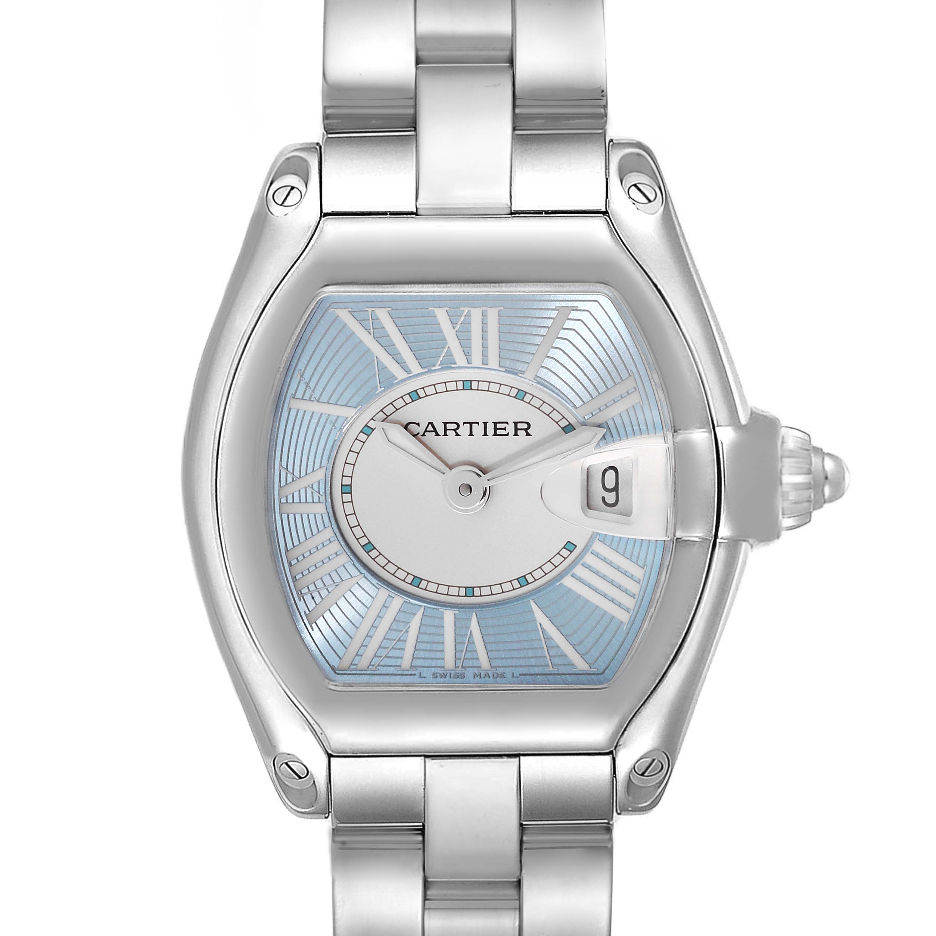 This image shows a close-up, front view of the Cartier Roadster W62053V3 Women's Stainless Steel Blue Dial W62053V3 Women's Stainless Steel Blue Dial model watch, highlighting its face and part of the bracelet.