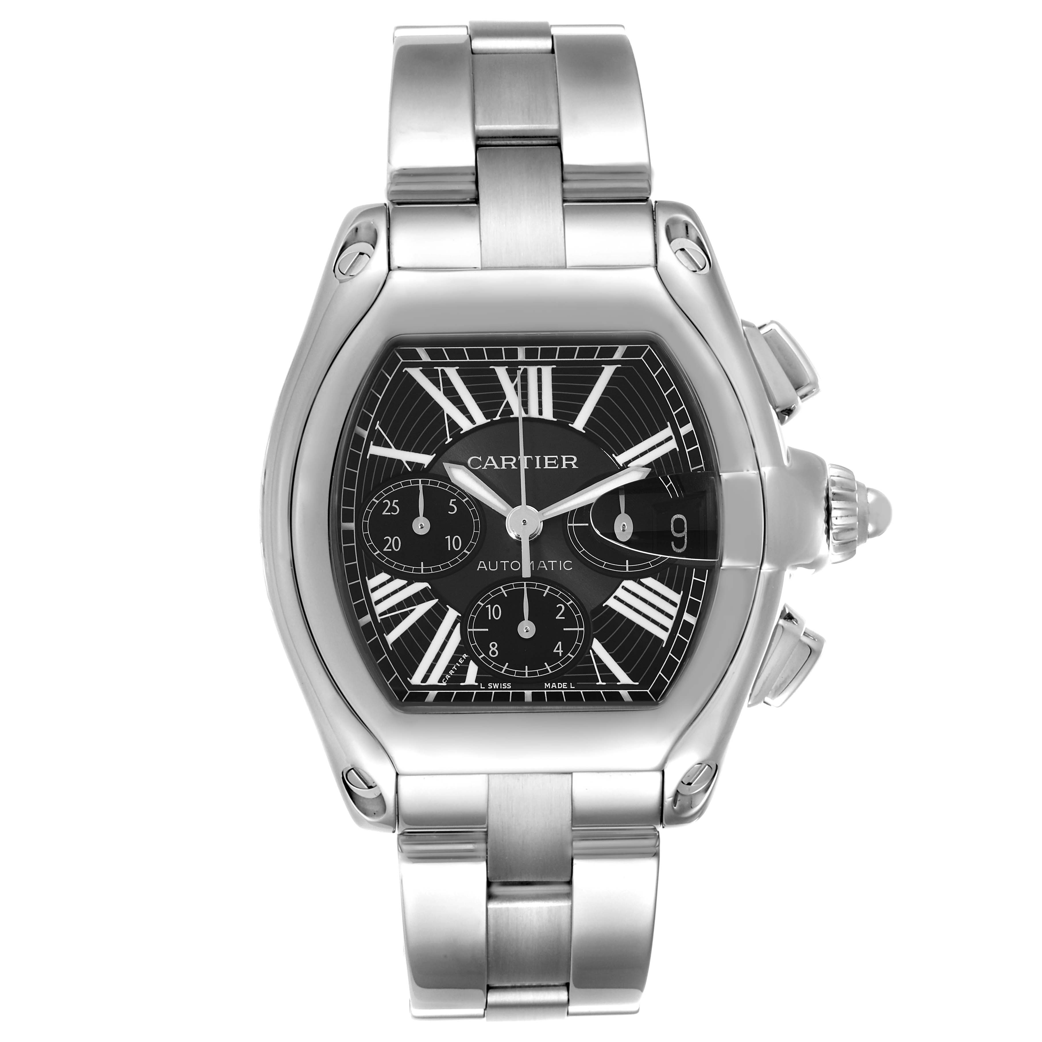 This image shows a front view of a Cartier Roadster W62020X6 Men's Stainless Steel Black Dial W62020X6 Men's Stainless Steel Black Dial watch, displaying its face, case, and bracelet.