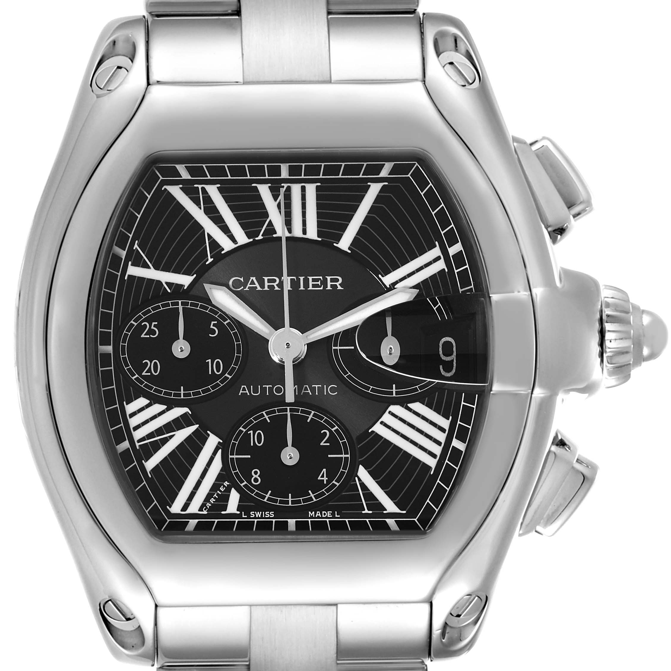 This image shows a frontal view of the Cartier Roadster W62020X6 Men's Stainless Steel Black Dial W62020X6 Men's Stainless Steel Black Dial watch, highlighting its face, bezel, crown, and bracelet.