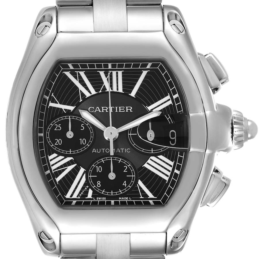 Cartier Roadster XL Chronograph Black Dial Steel Mens Watch W62020X6 Papers SwissWatchExpo