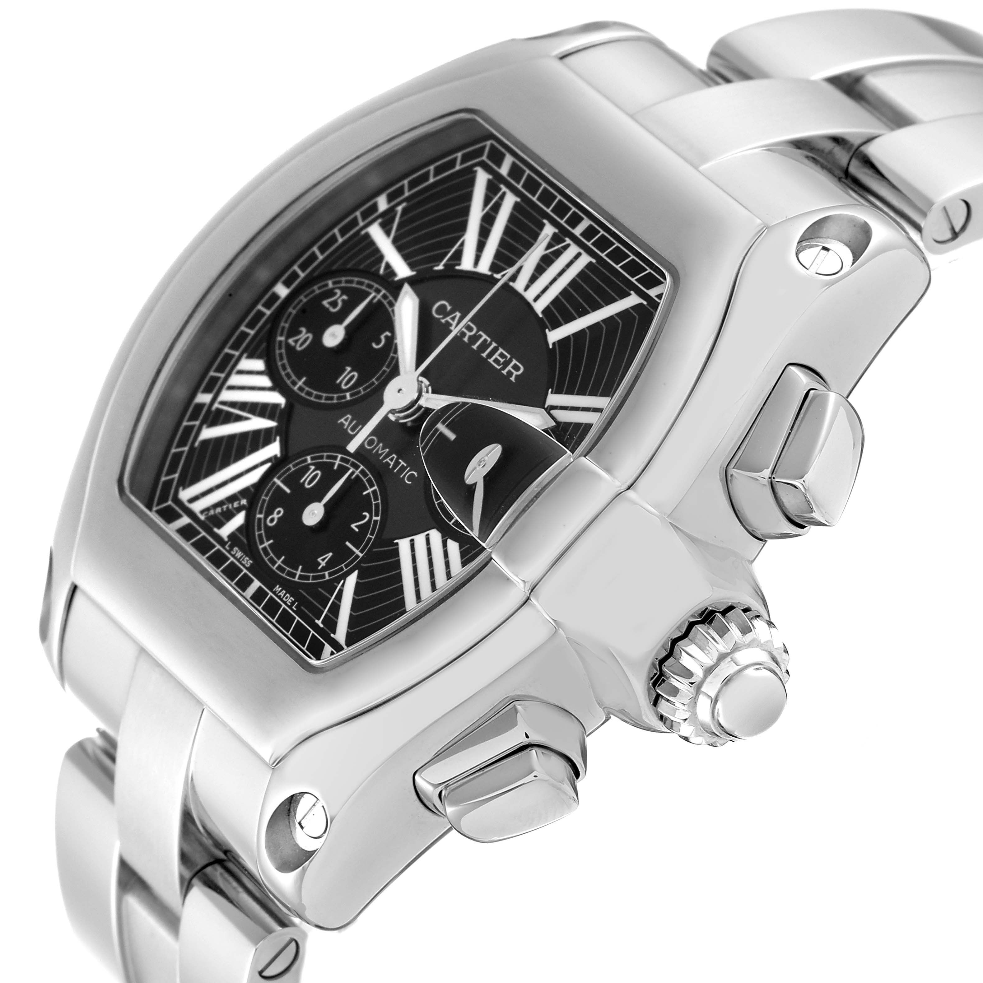 The Cartier Roadster W62020X6 Men's Stainless Steel Black Dial W62020X6 Men's Stainless Steel Black Dial watch is shown at an oblique angle, displaying the dial, crown, and part of the metal bracelet.