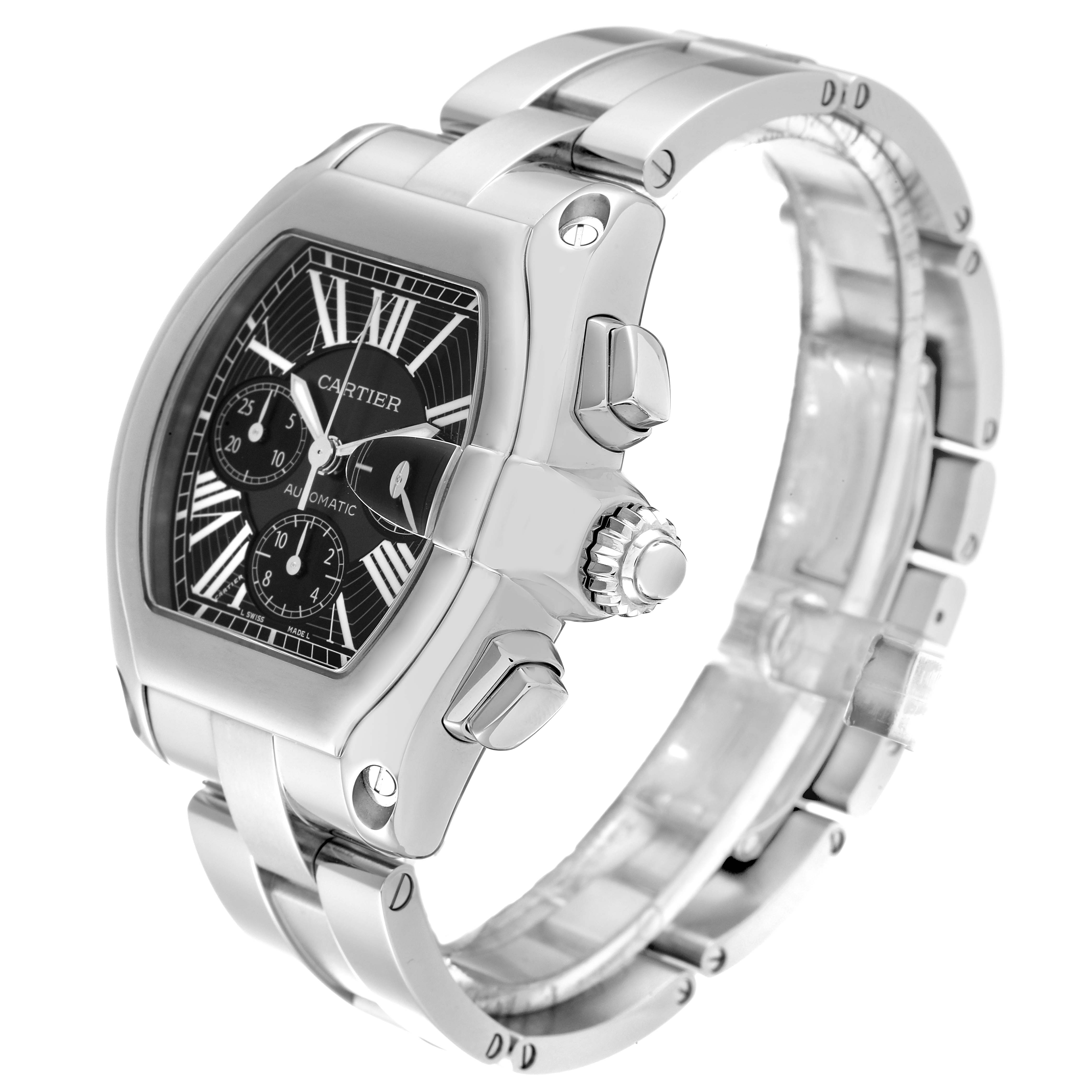 The image shows a left front angle of the Cartier Roadster W62020X6 Men's Stainless Steel Black Dial W62020X6 Men's Stainless Steel Black Dial watch, highlighting its dial, crown, and bracelet.