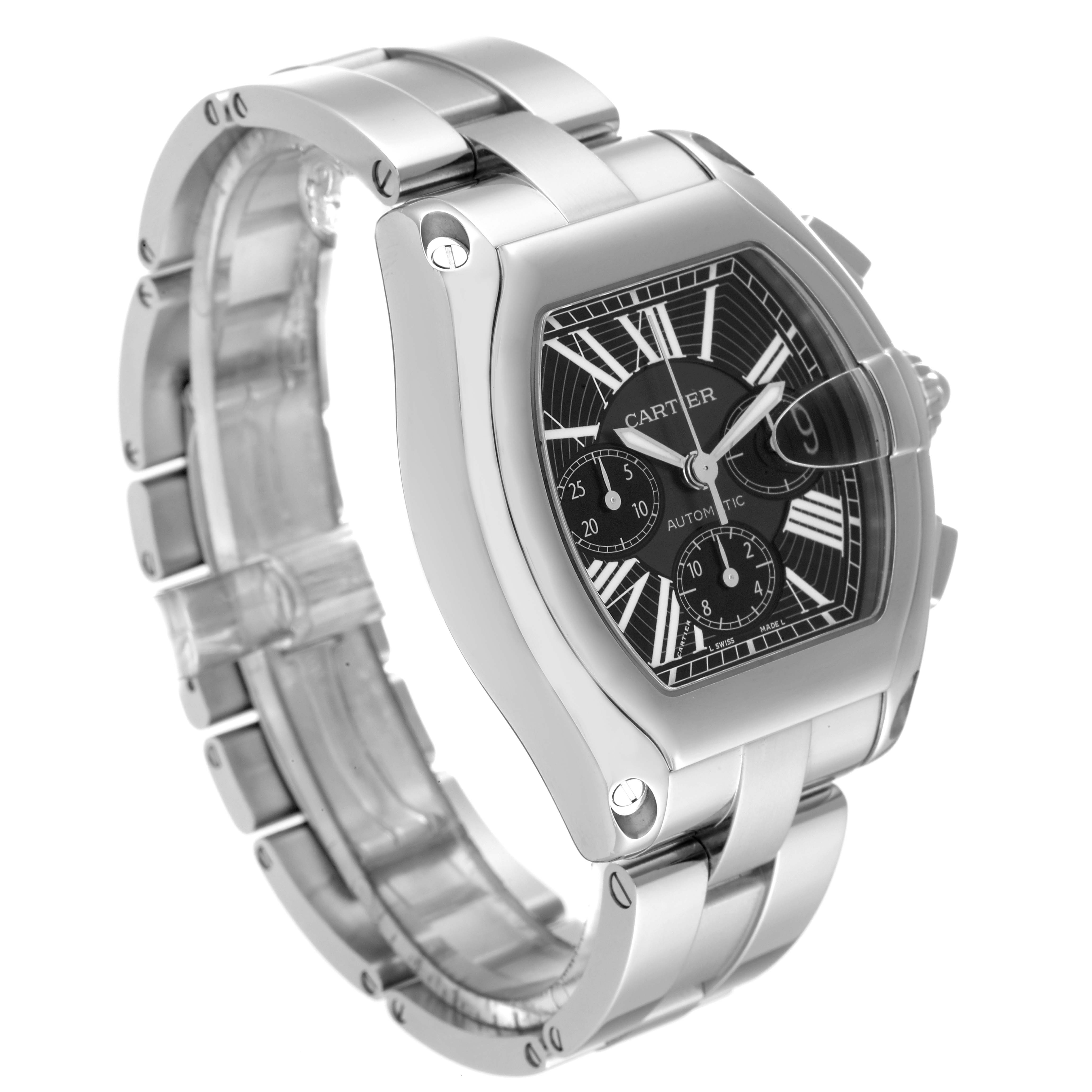 The Cartier Roadster W62020X6 Men's Stainless Steel Black Dial W62020X6 Men's Stainless Steel Black Dial watch is shown at a three-quarter angle, highlighting the face, bezel, and metal bracelet.
