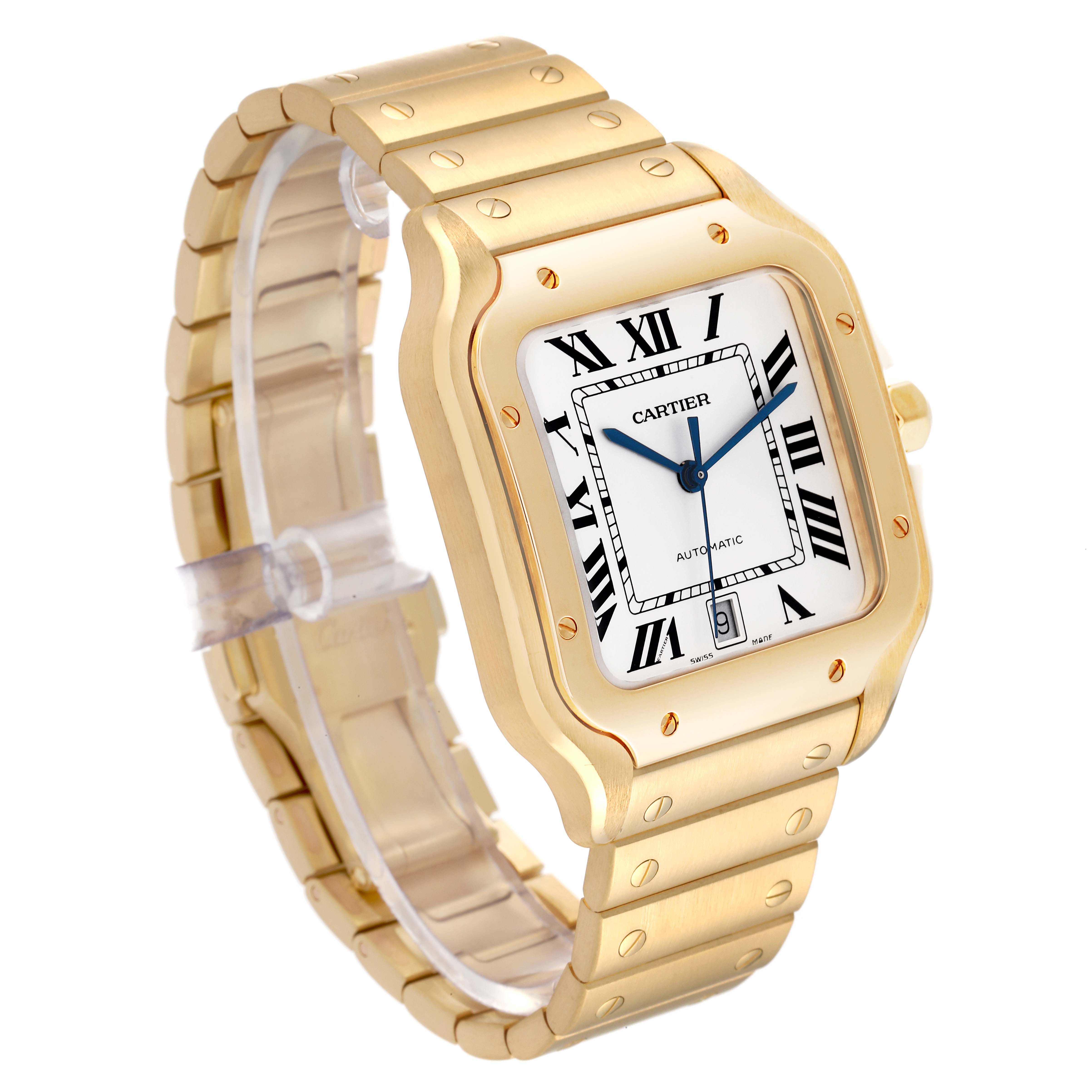 The image shows a Santos de Cartier watch from a front-left angle, highlighting its gold case and bracelet with the dial visible.