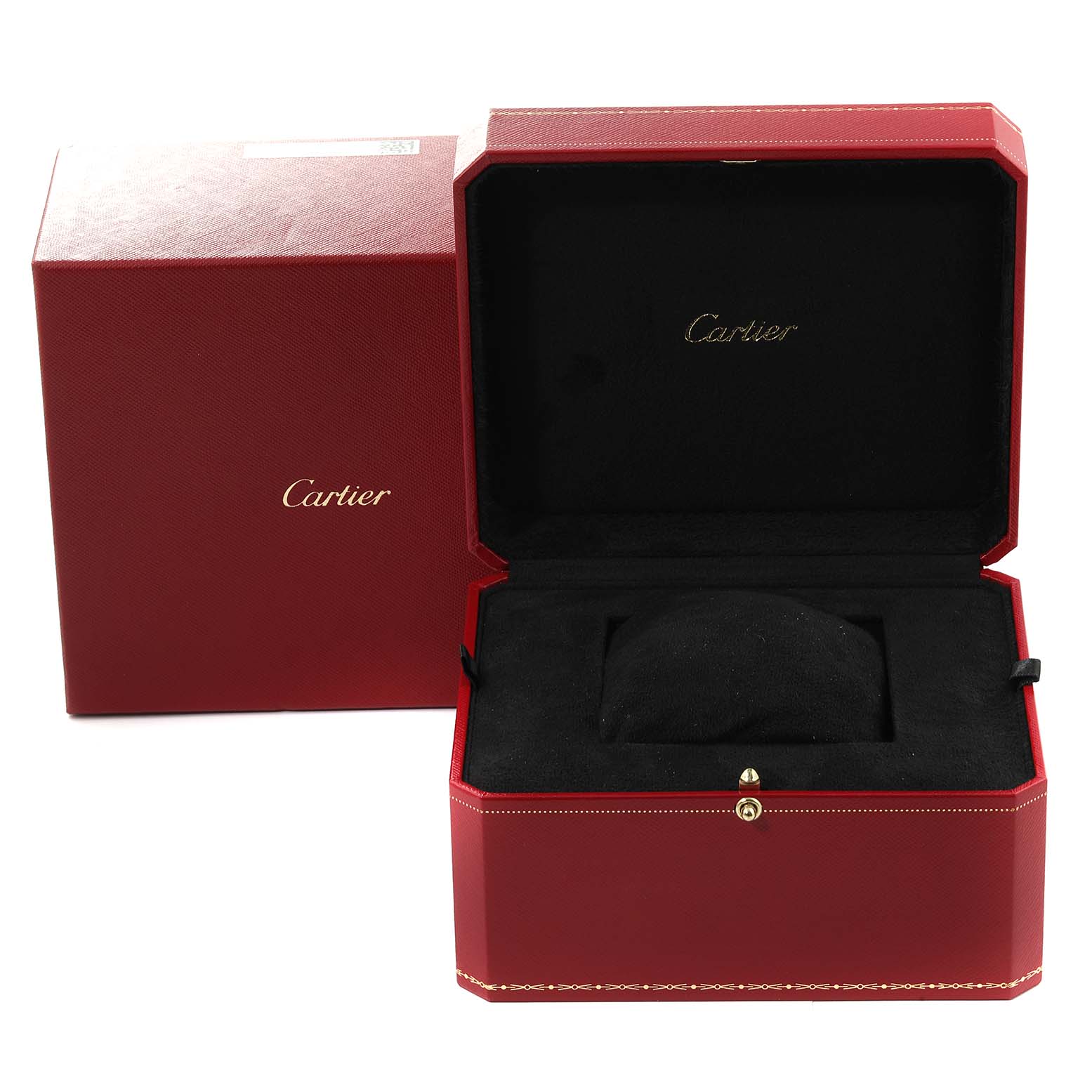 The image shows a Cartier Santos WGSA029 Men's Yellow Gold Silver Dial WGSA029 Men's Yellow Gold Silver Dial watch box, open to reveal the interior with the brand name visible.