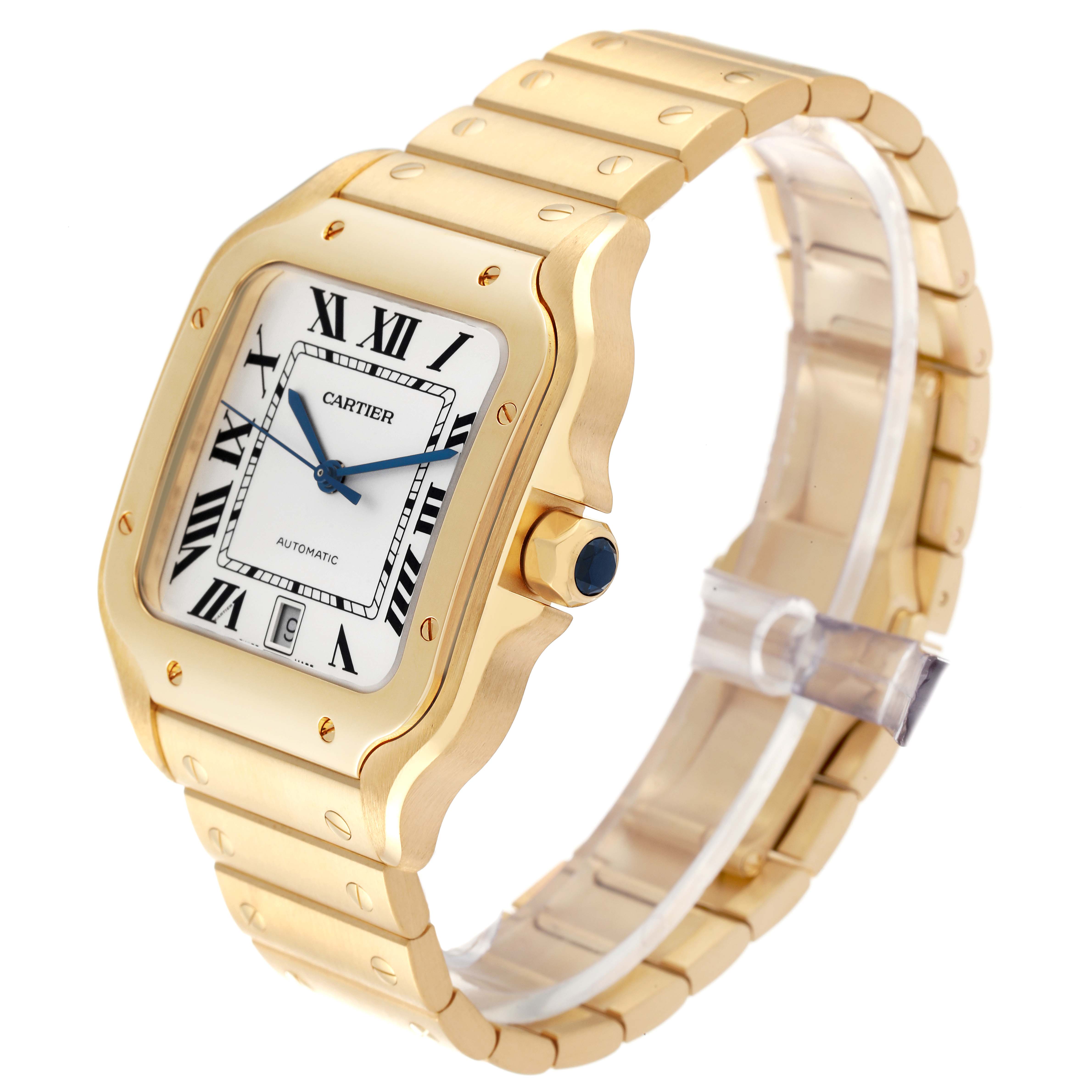The image shows a Cartier Santos WGSA029 Men's Yellow Gold Silver Dial WGSA029 Men's Yellow Gold Silver Dial model gold watch at a three-quarter angle, displaying the dial, bezel, crown, and bracelet.