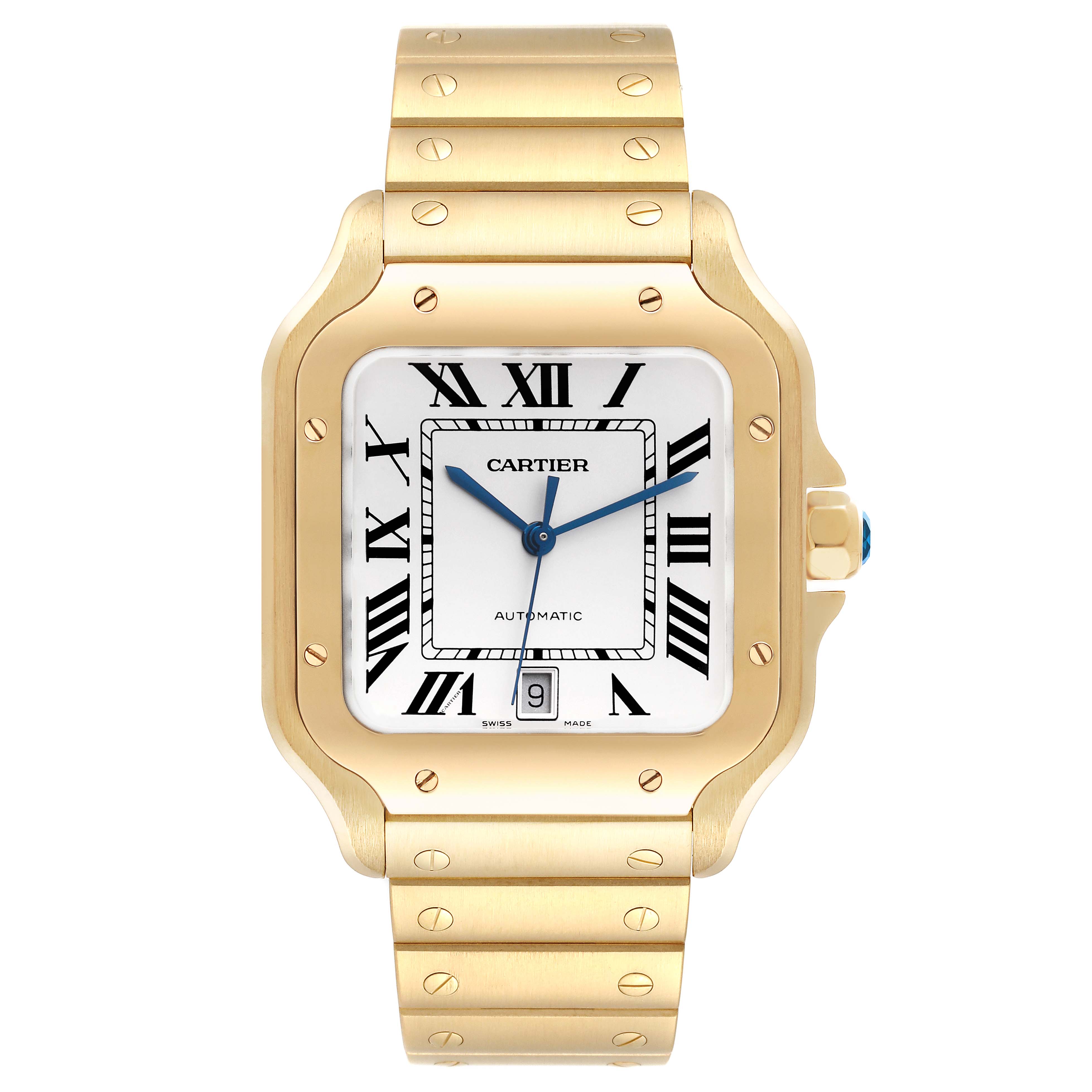 The image shows a front view of a Cartier Santos WGSA029 Men's Yellow Gold Silver Dial WGSA029 Men's Yellow Gold Silver Dial watch, displaying the face, bezel, and part of the bracelet.