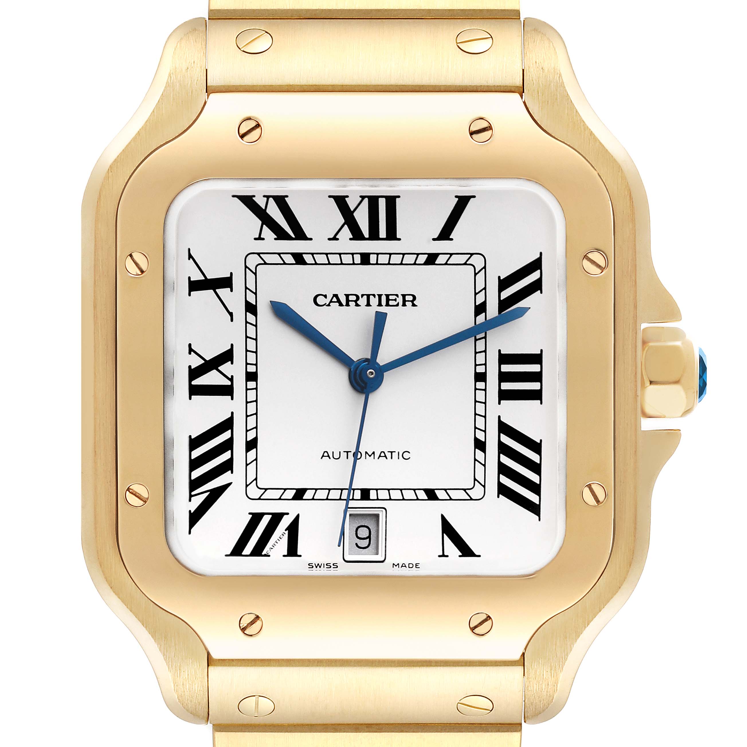 This image shows a close-up front view of the Cartier Santos WGSA029 Men's Yellow Gold Silver Dial WGSA029 Men's Yellow Gold Silver Dial watch, highlighting the face, bezel, and part of the bracelet.