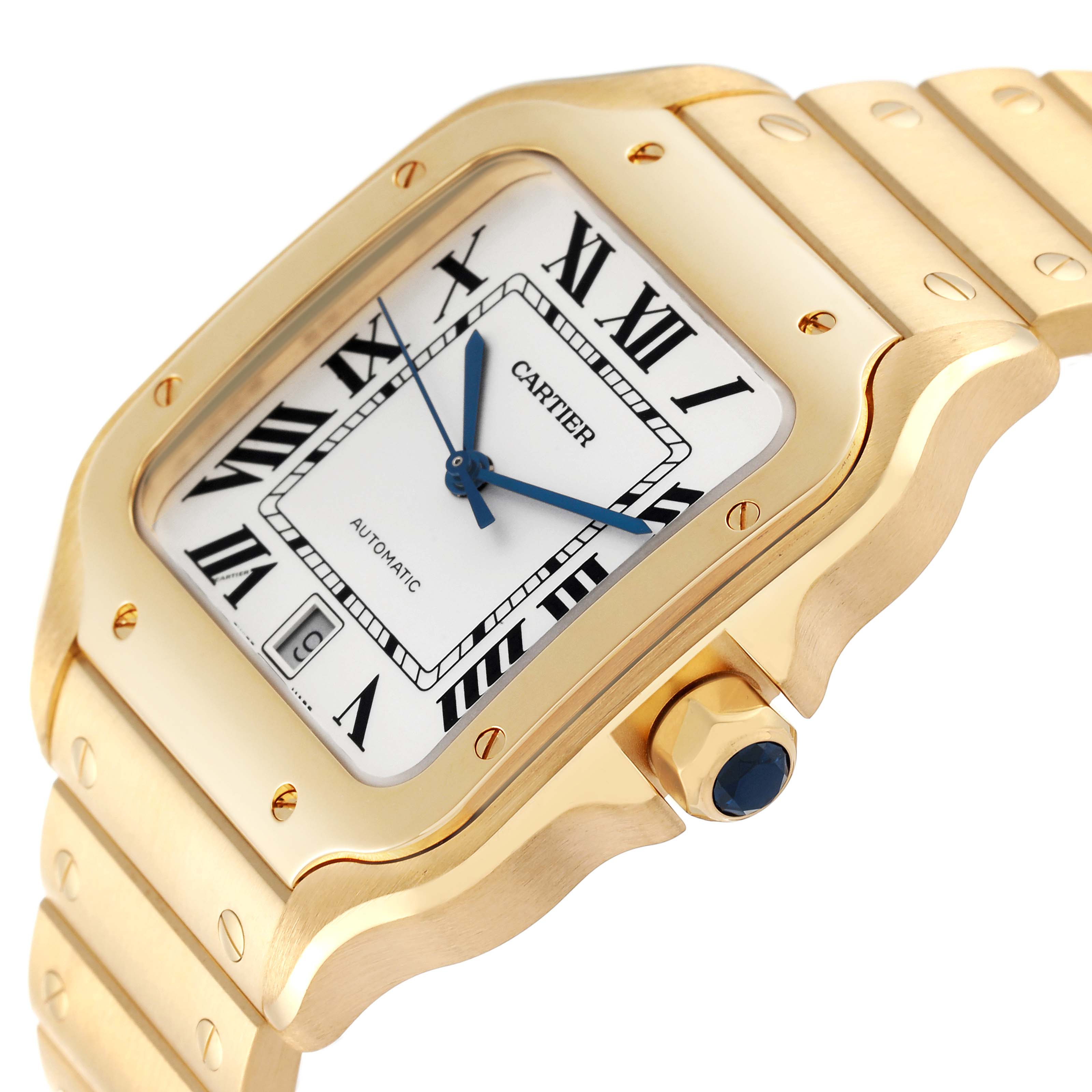 This image shows a close-up angled view of a Cartier Santos WGSA029 Men's Yellow Gold Silver Dial WGSA029 Men's Yellow Gold Silver Dial watch, highlighting the face, crown, and bracelet.