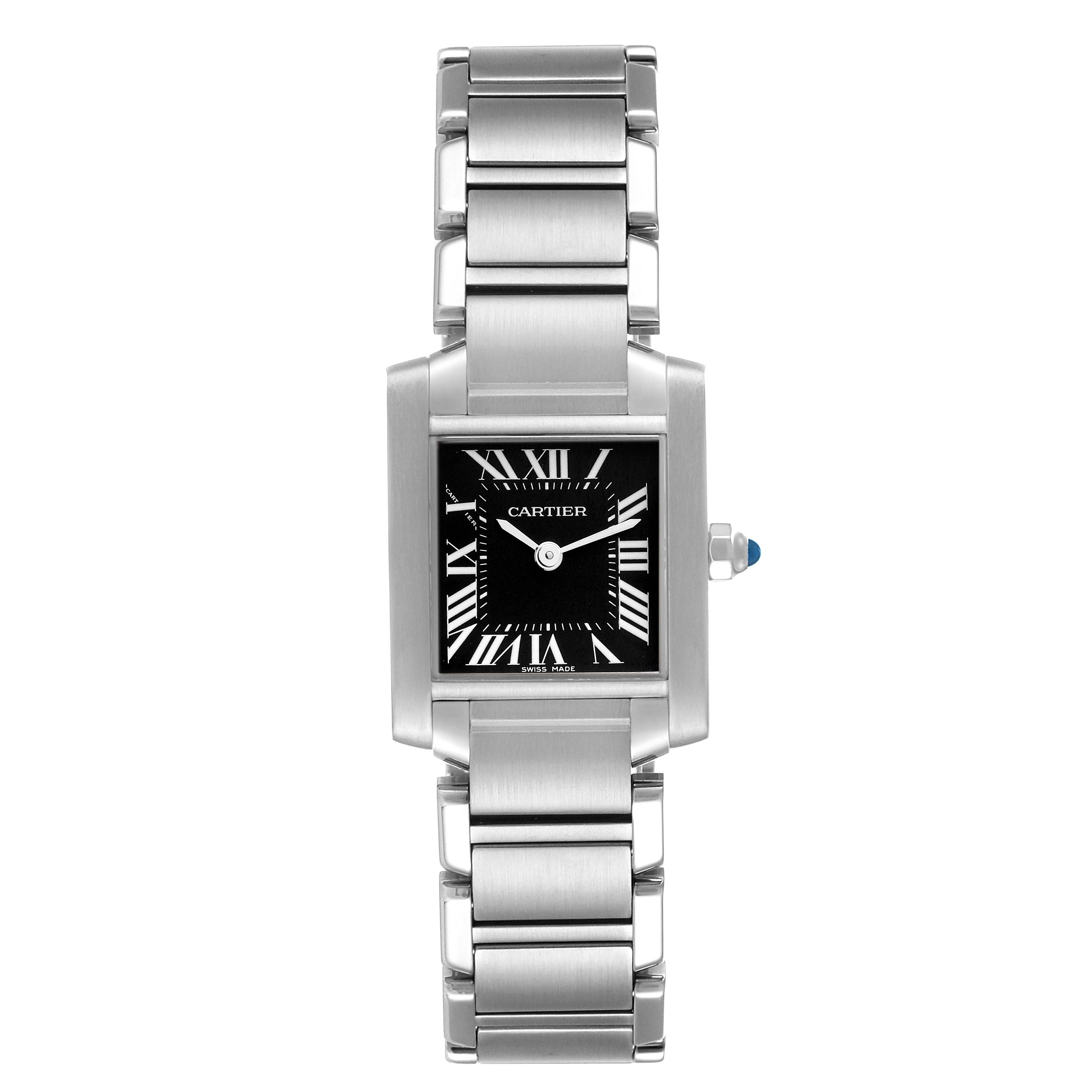 This image shows a front view of a Cartier Tank Francaise W51026Q3 Women's Stainless Steel Black Dial W51026Q3 Women's Stainless Steel Black Dial watch, highlighting its rectangular case and metal bracelet.