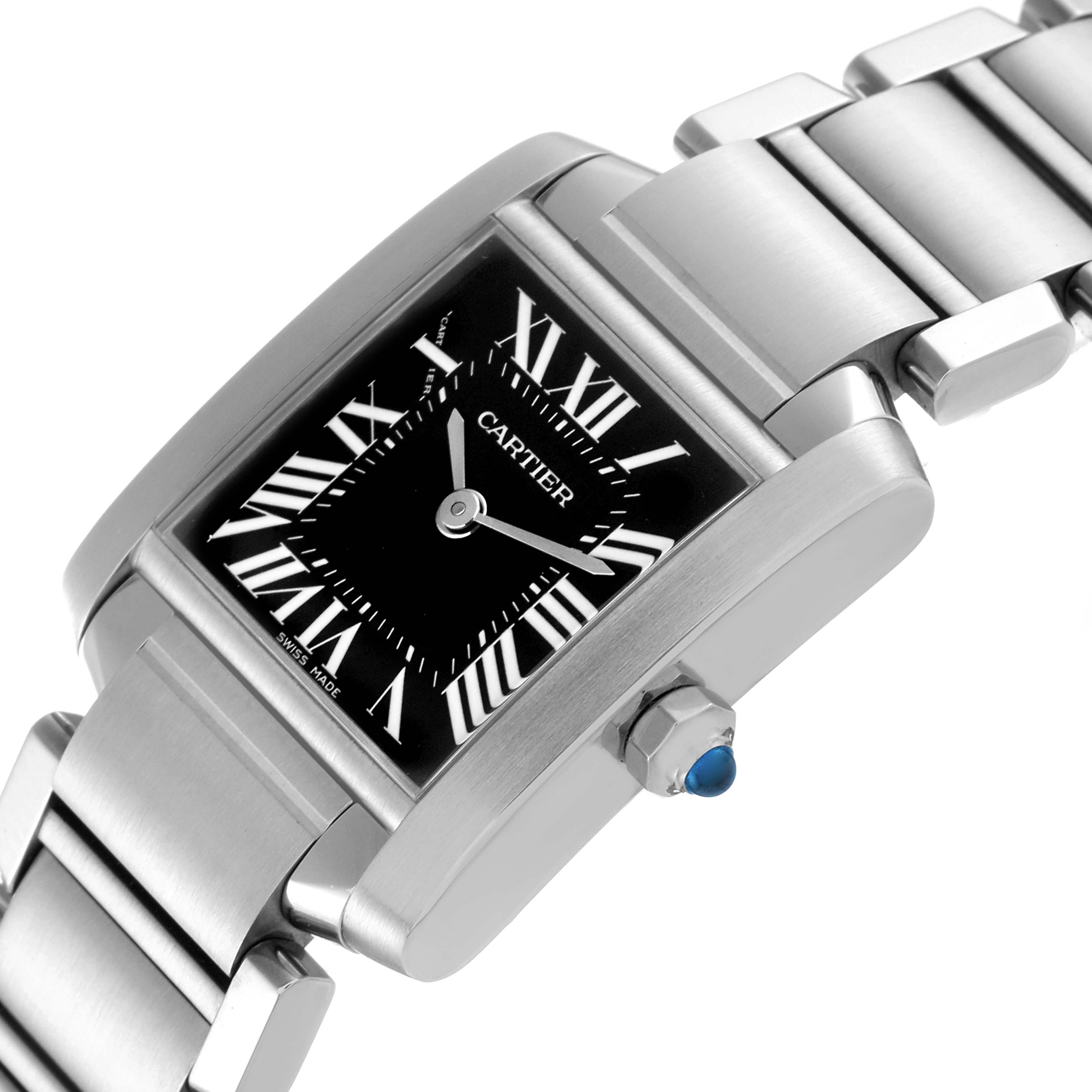 The image shows a side view of the Cartier Tank Francaise W51026Q3 Women's Stainless Steel Black Dial W51026Q3 Women's Stainless Steel Black Dial watch, highlighting its rectangular case, black dial with Roman numerals, and metal bracelet.